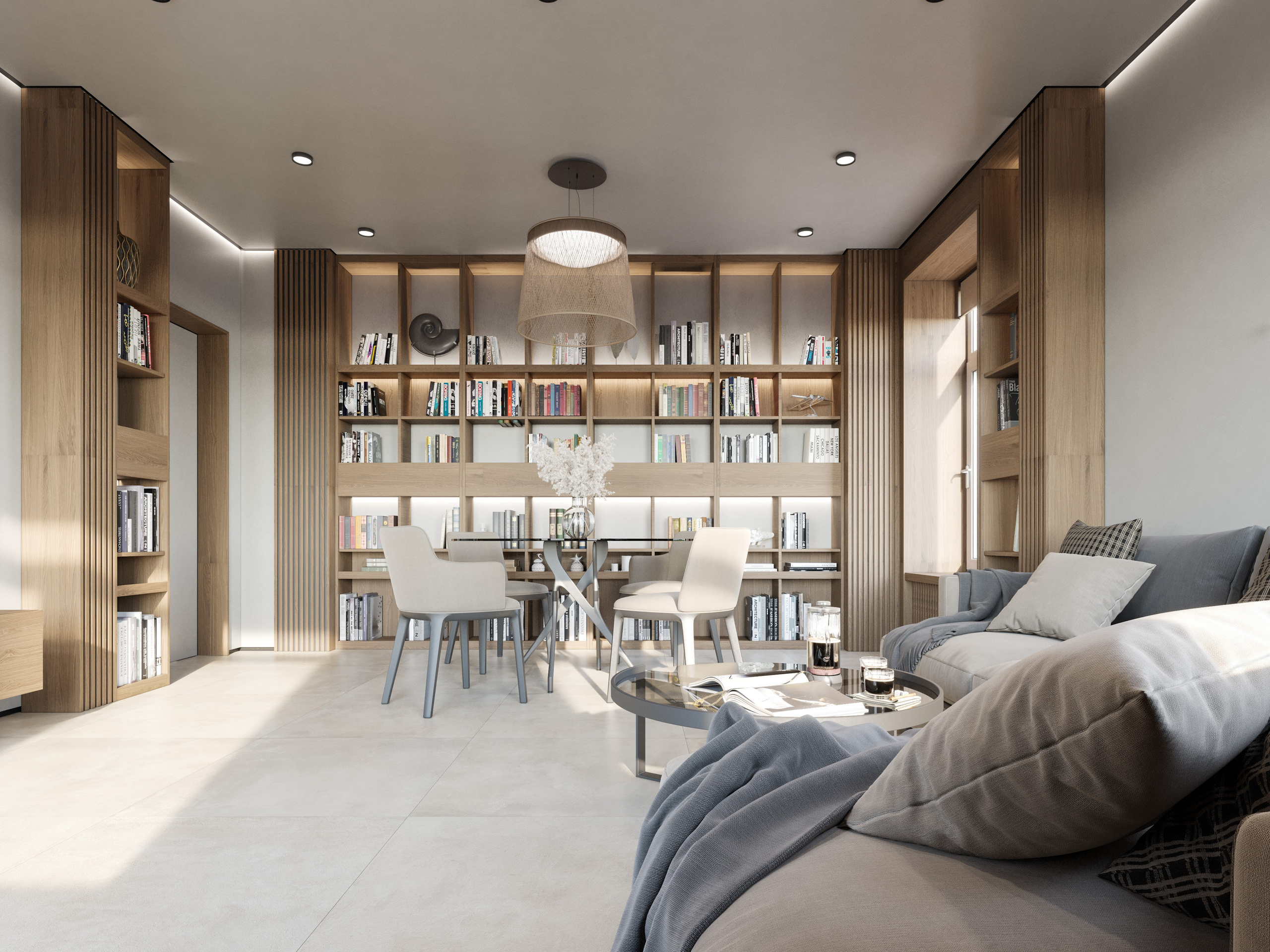 Обеденная группа с деревянным столом и стульями в минималистичной столовой