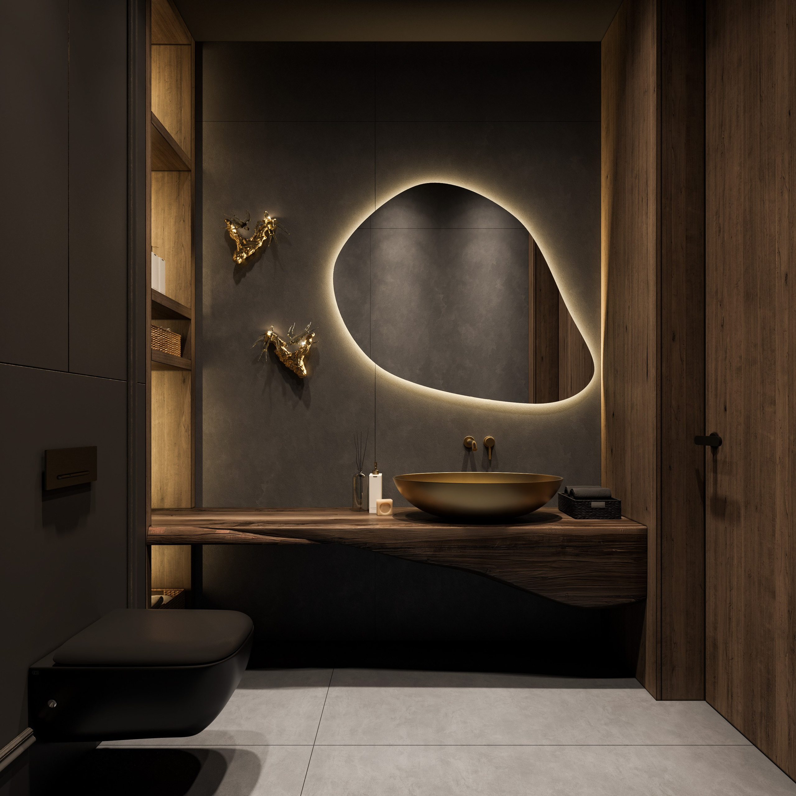 Ванная комната в темных тонах с деревянной мебелью и черной сантехникой