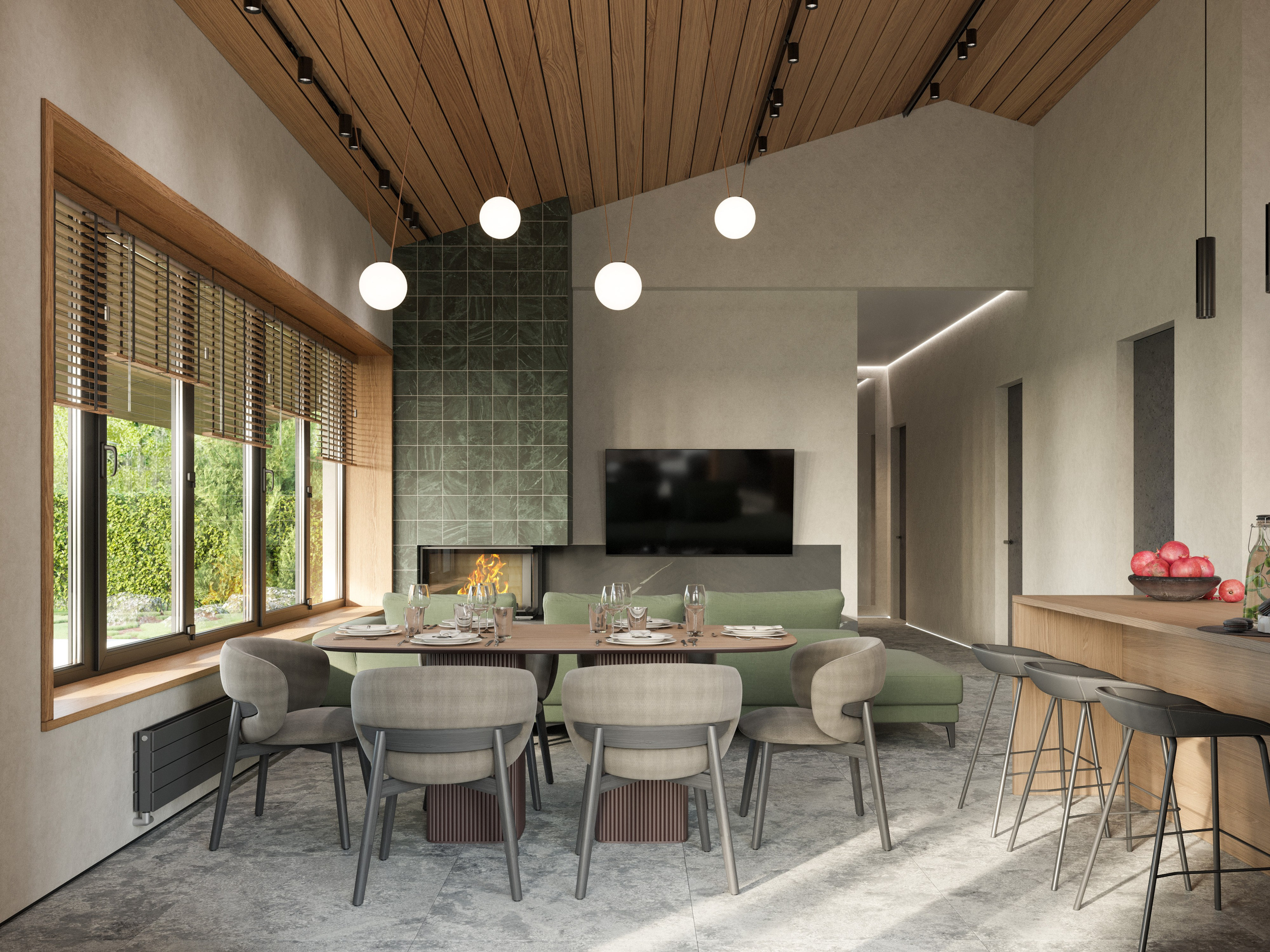 3D визуализация гостиной-столовой с выходом в сад