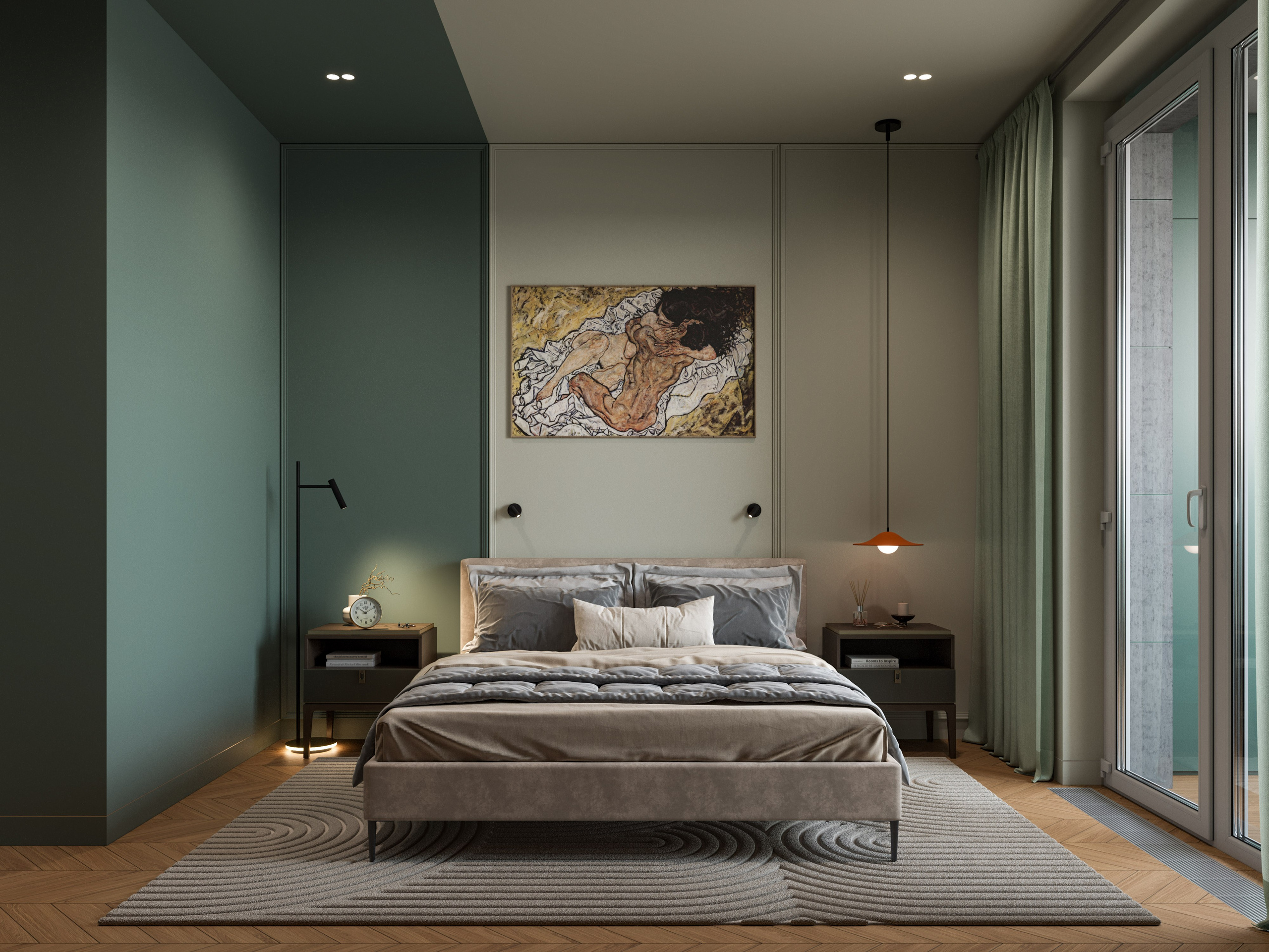 Спальня в современном стиле с мягким изголовьем кровати и темными стенами