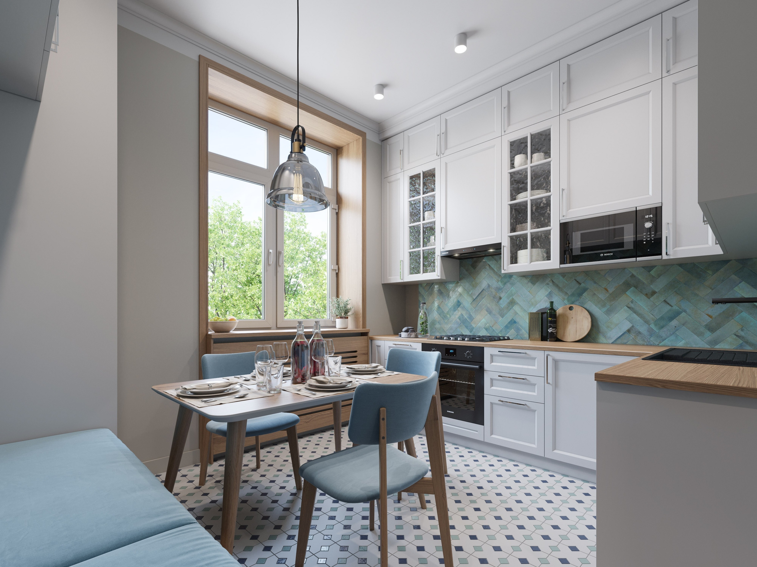 Минималистичная маленькая кухня с сине-зеленым фартуком и встроенной техникой