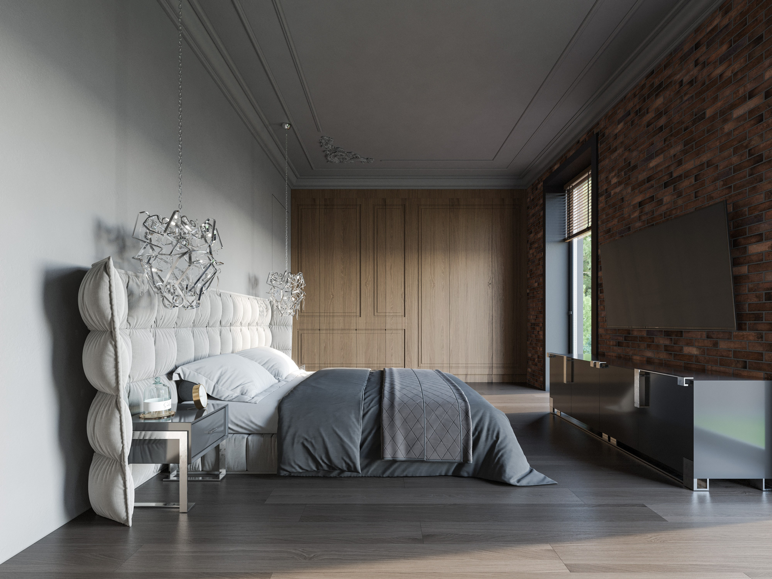 3D визуализация спальни в стиле неоклассицизм с кирпичной стеной и лепниной на стенах