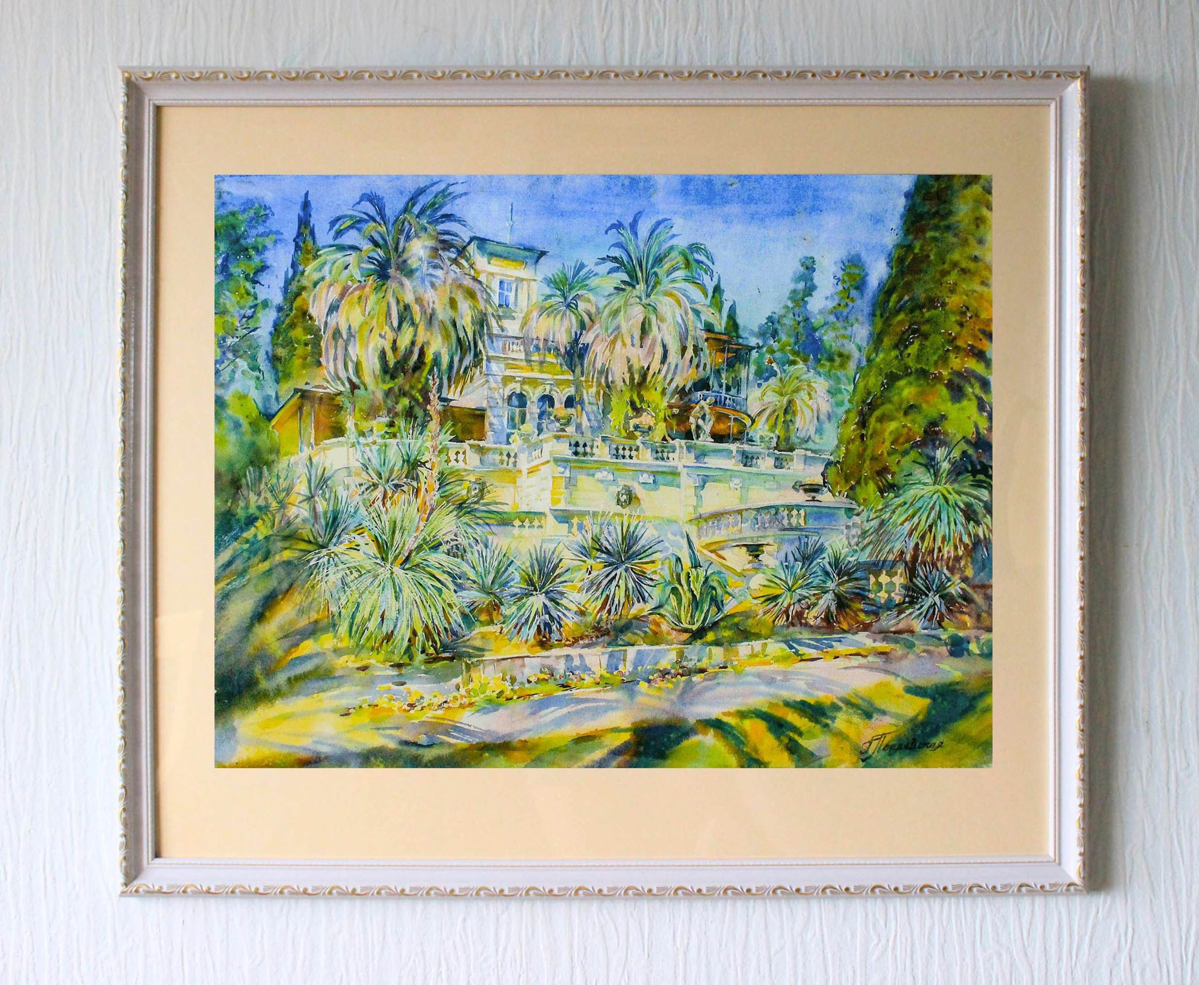 Картина художника  Галины Поплавской «Дендрарий. Вилла "Надежда», акварель, в оформлении  79х67