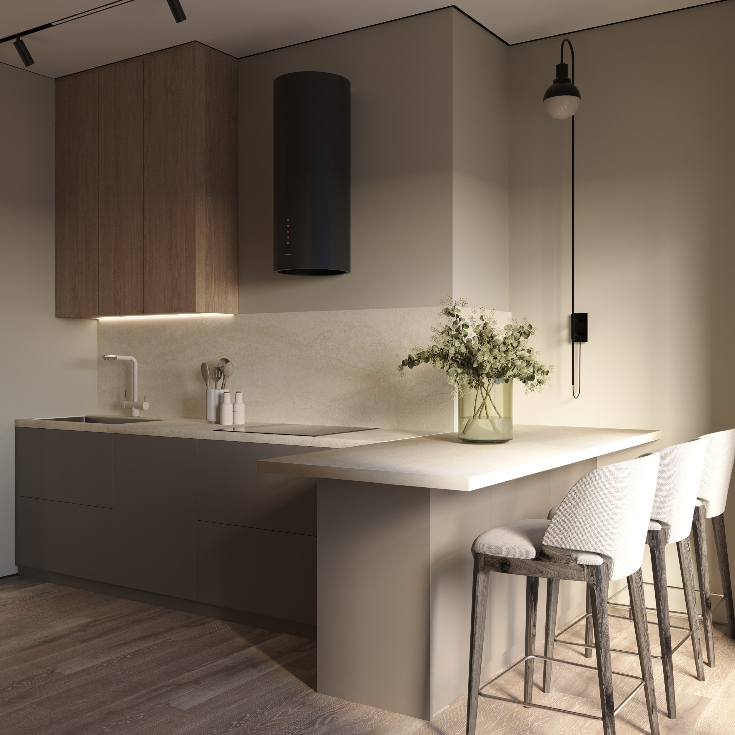 Кухня с островом в современном стиле в сером цвете и натуральным деревом 