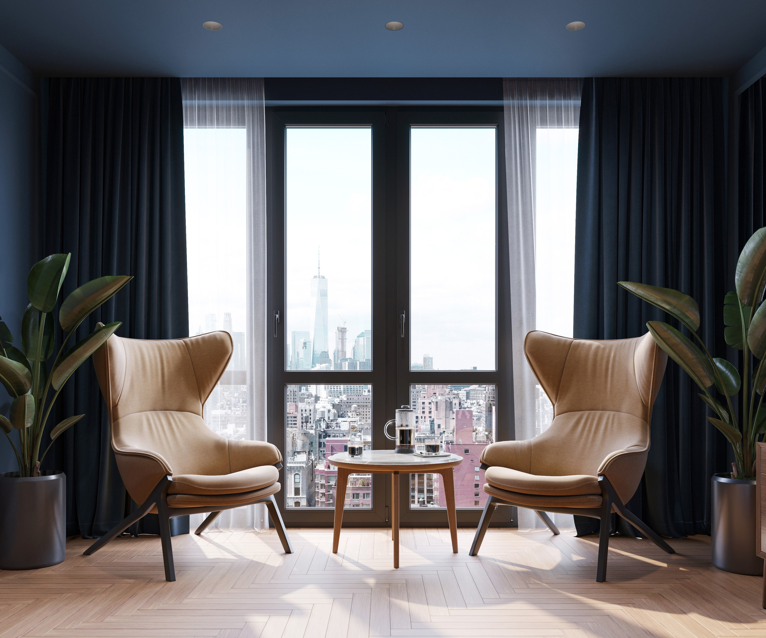 Спальня-кабинет с панорамным окном в синих тонах | 3D визуализация. Визуализатор интерьера в Москве | Брагин Кирилл