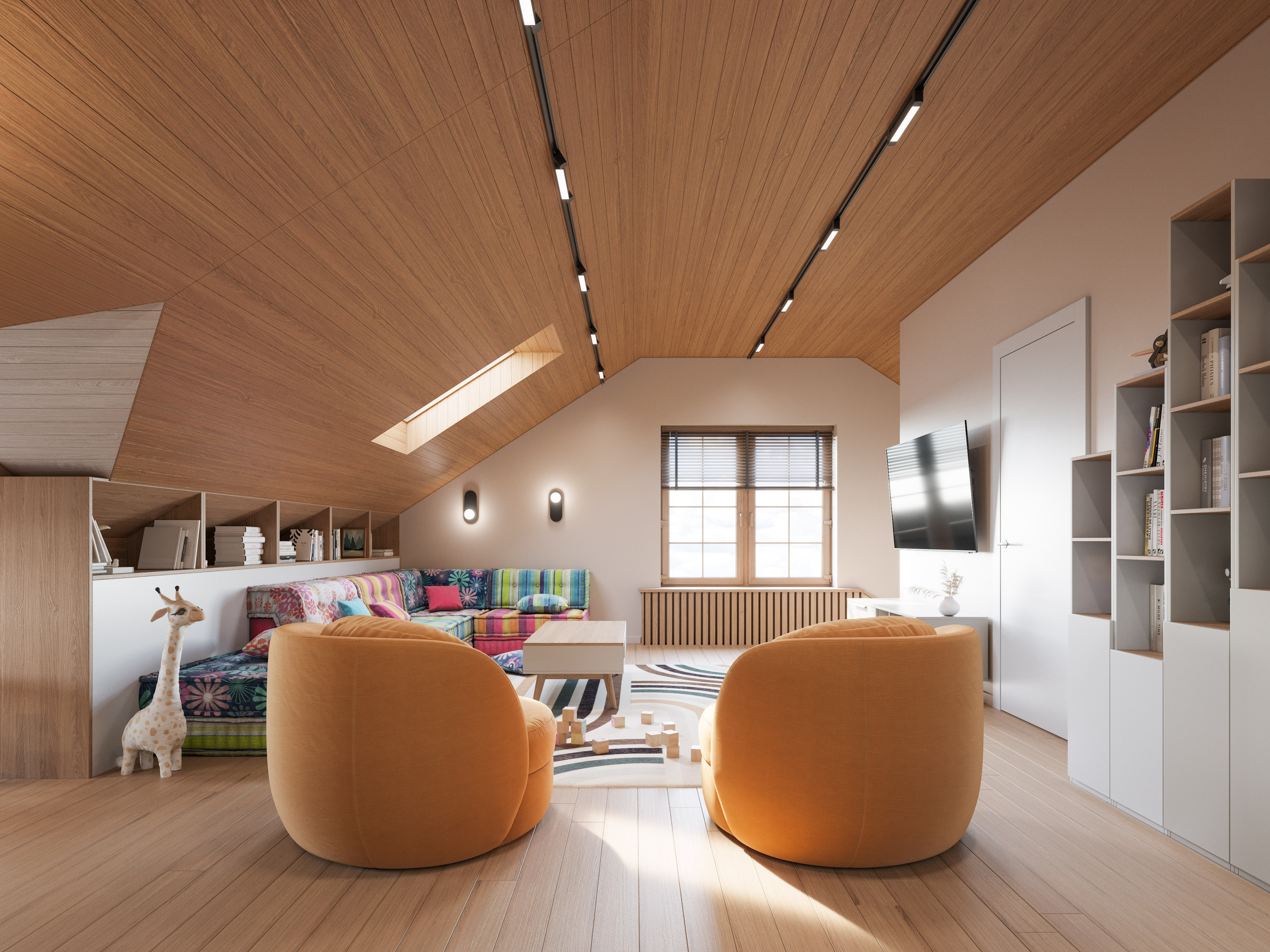 Визуализация мансарды с игровой зоной для детей