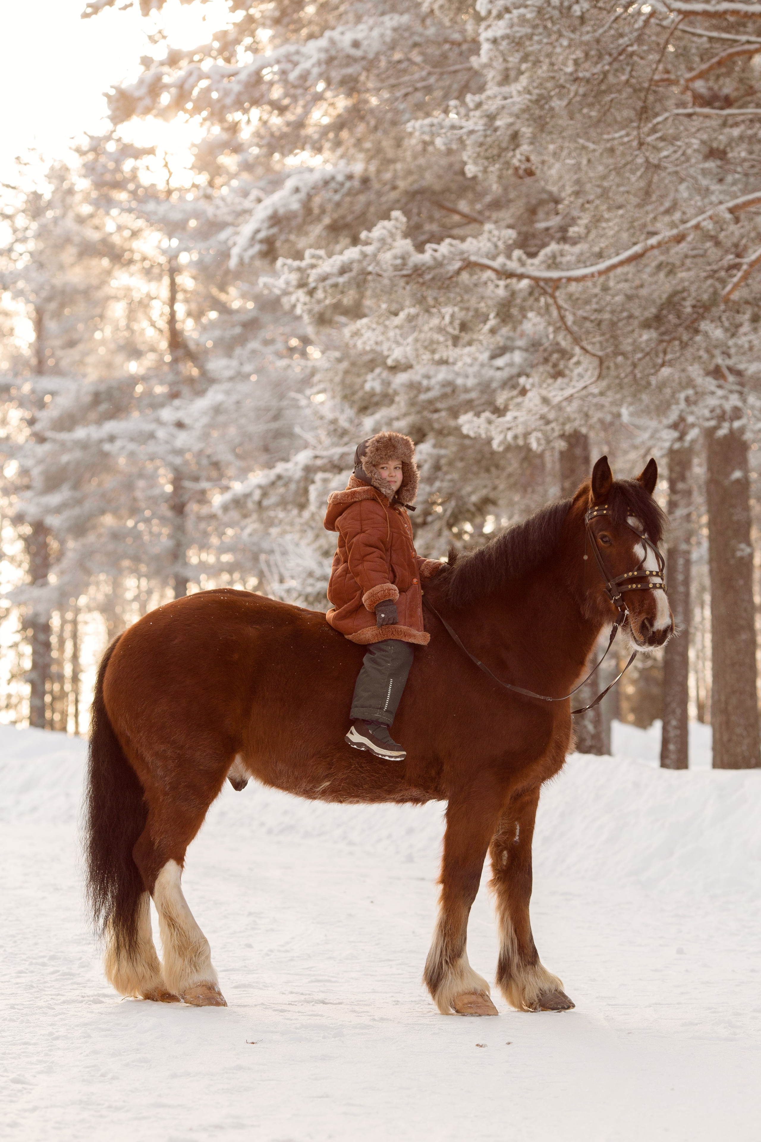 Детская фотосессия с лошадью зимой