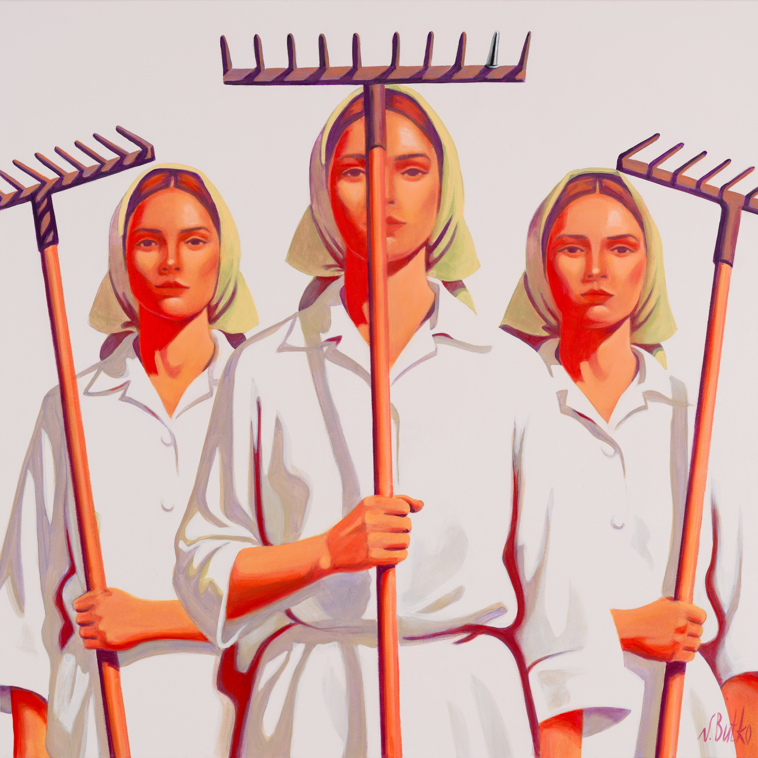 «Симфония потери черт в трех актах с садовым инструментом» - художник Наталия Бутко (холст, акрил, масло, 100x100 см, 2025)