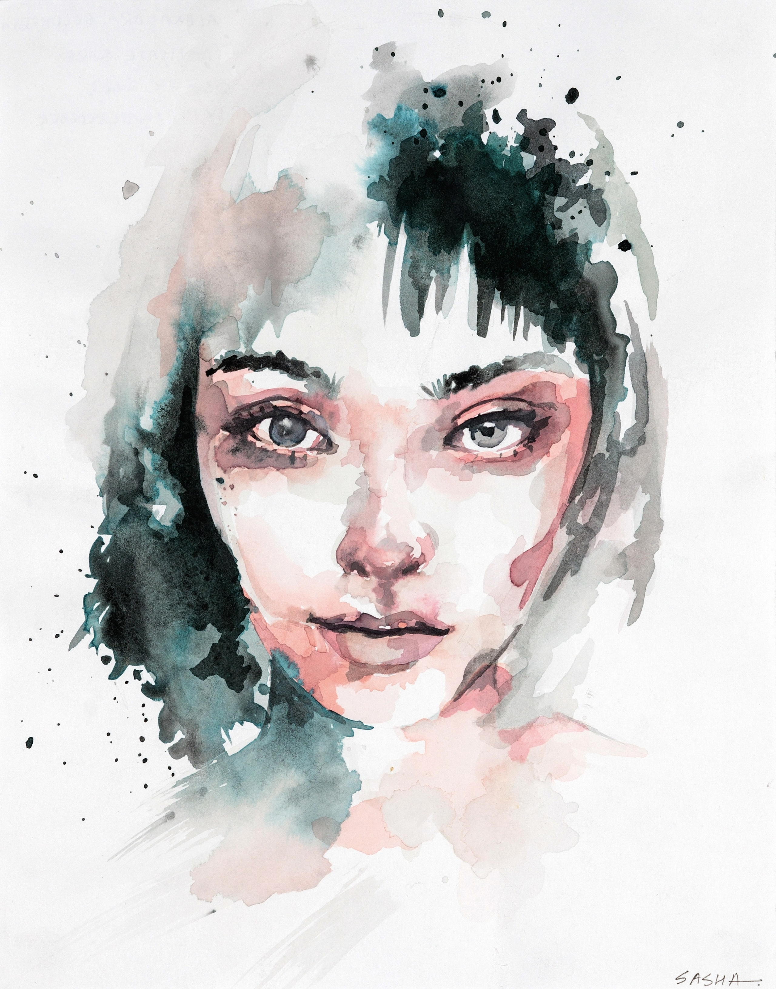 акварельный портрет девушки с большими глазами и необычными волосами
