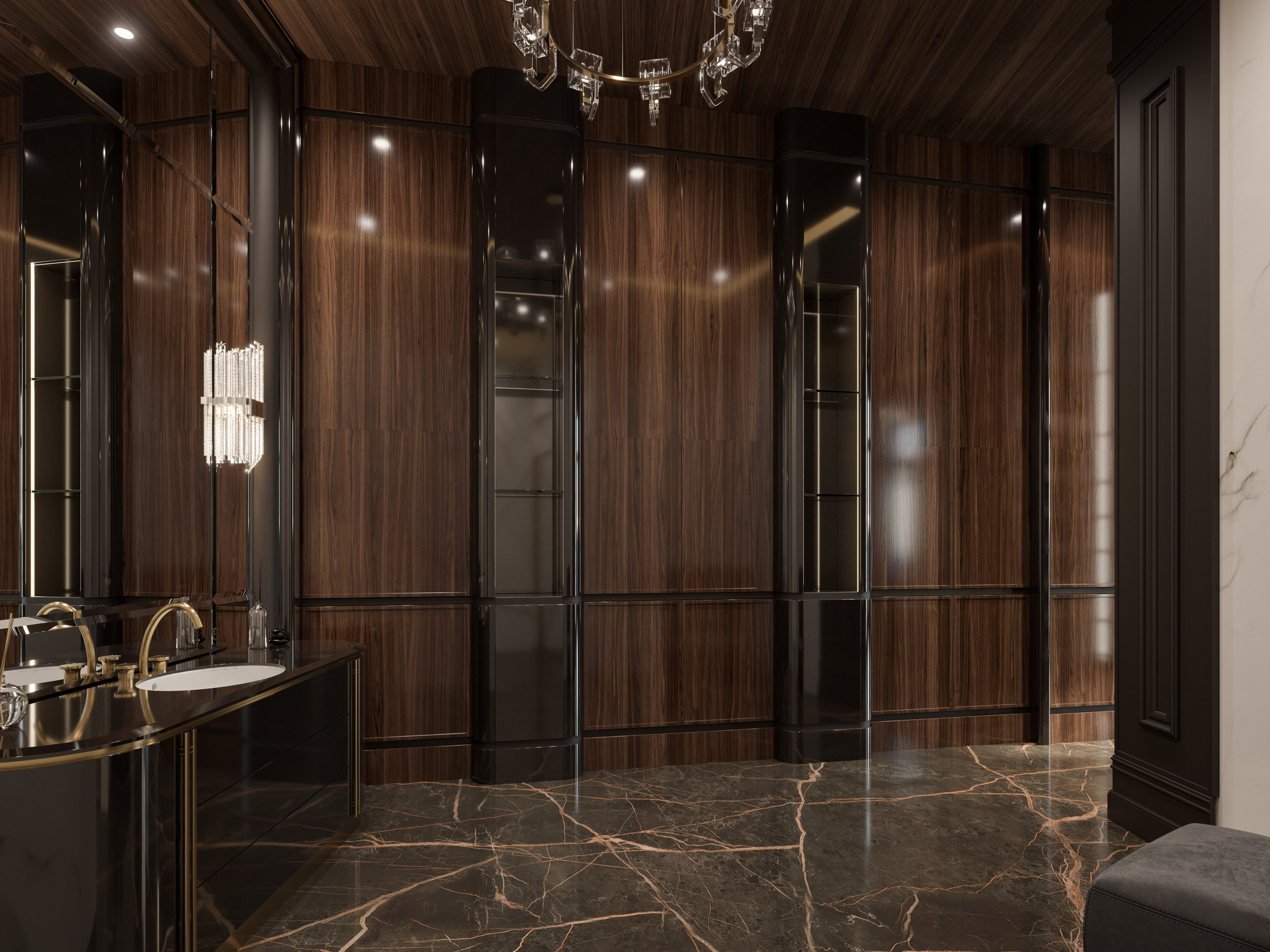 Деревянные панели части стен санузла в мужской спальне