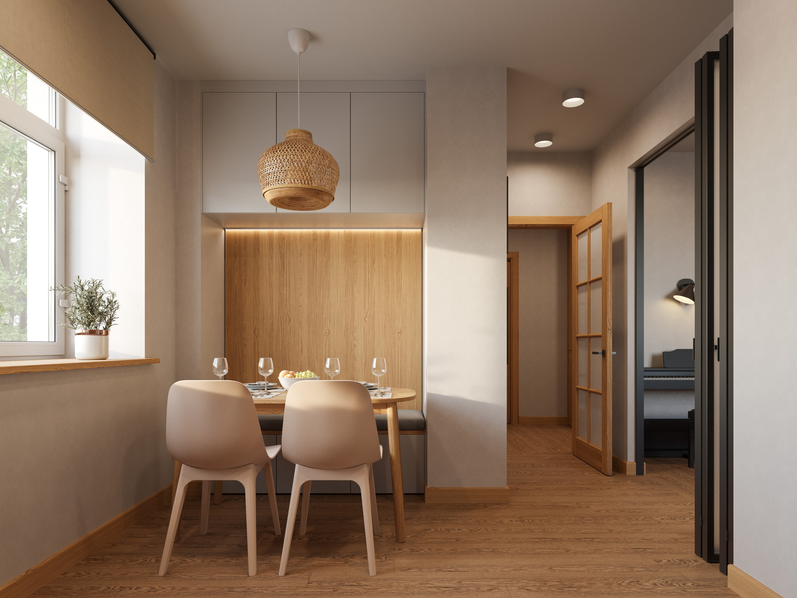 Эргономичный дизайн маленькой кухни с деревом, где продумана каждая деталь.