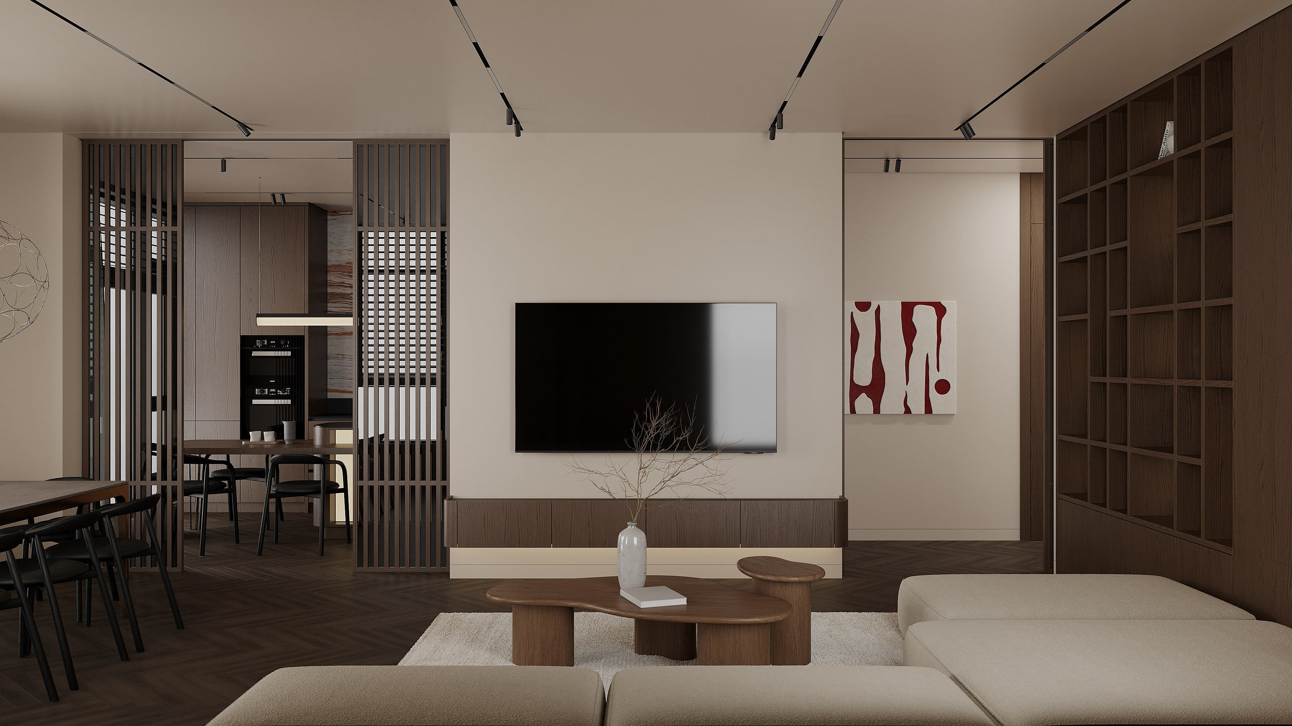 Раздвижные перегородки в гостиной для разграничения пространства в современном и лаконичном стиле   Sliding partitions in the living room to delimit space in a modern and laconic style