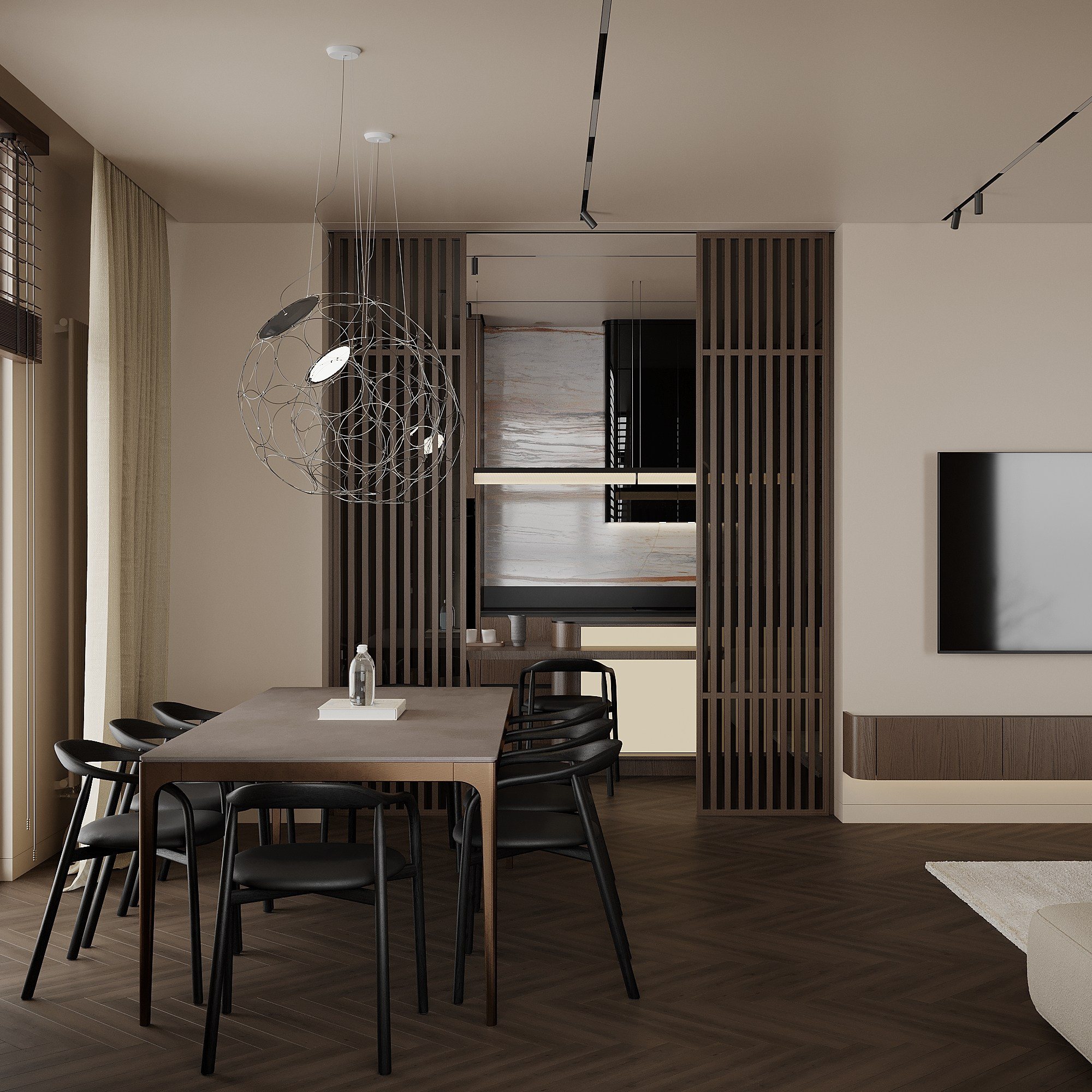 Вид  из  гостиной на кухню  с островом в современном стиле   View from the living room to the kitchen with a modern island