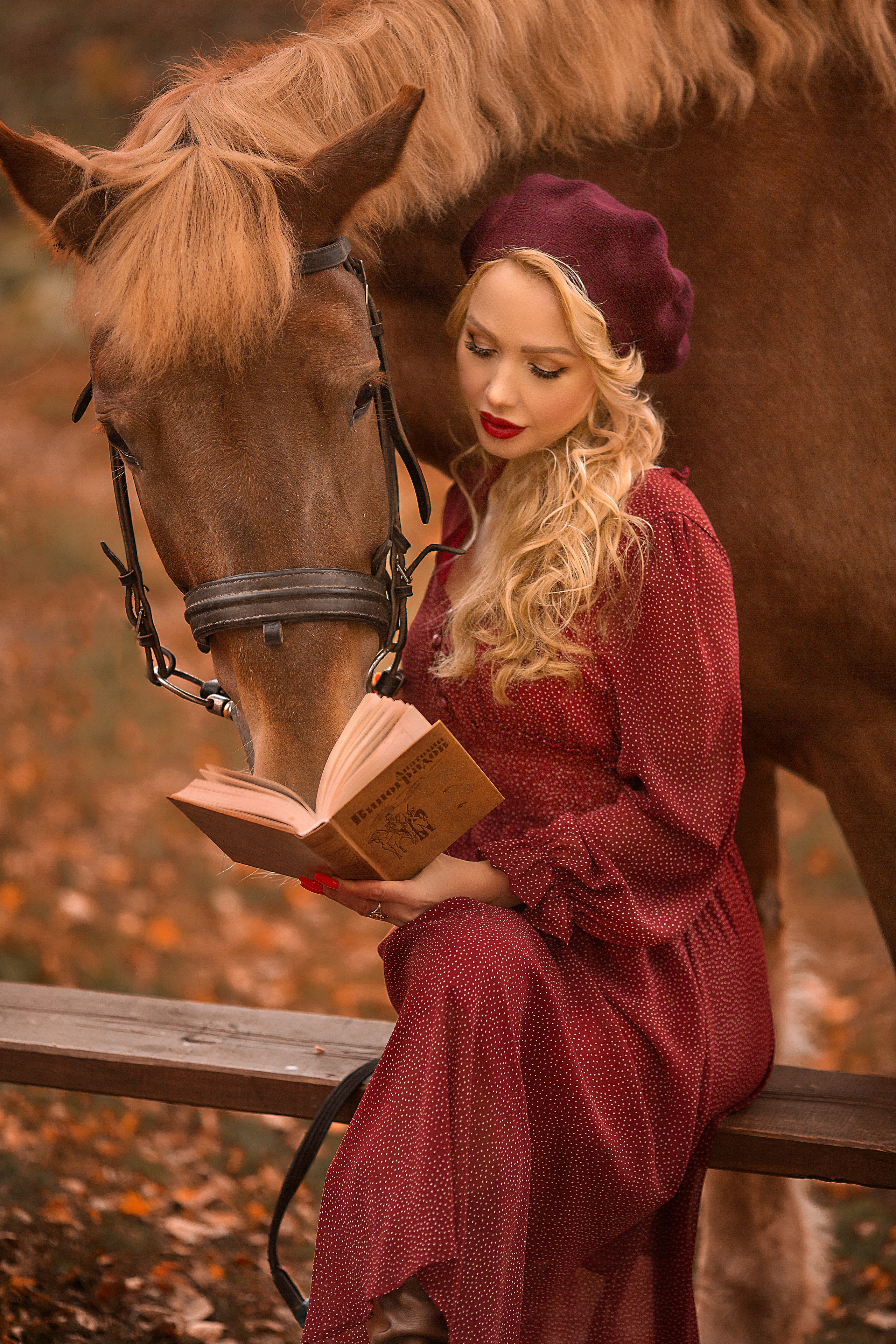 Бардовое платье+берет. Размер до 46го. Фотосессия с лошадьми в Нижнем Новгороде