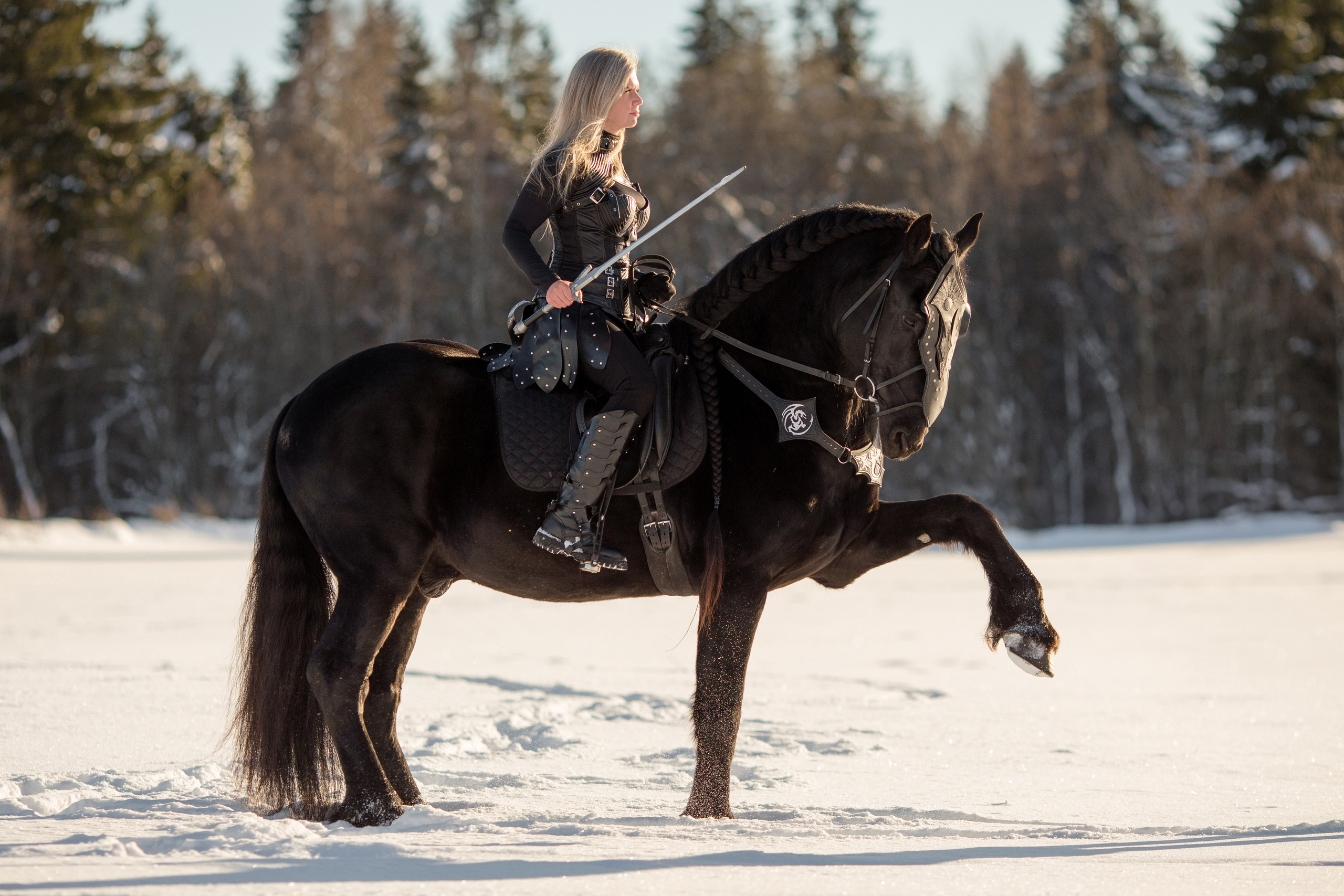 Зимняя фотосессия в скандинавском стиле с лошадью