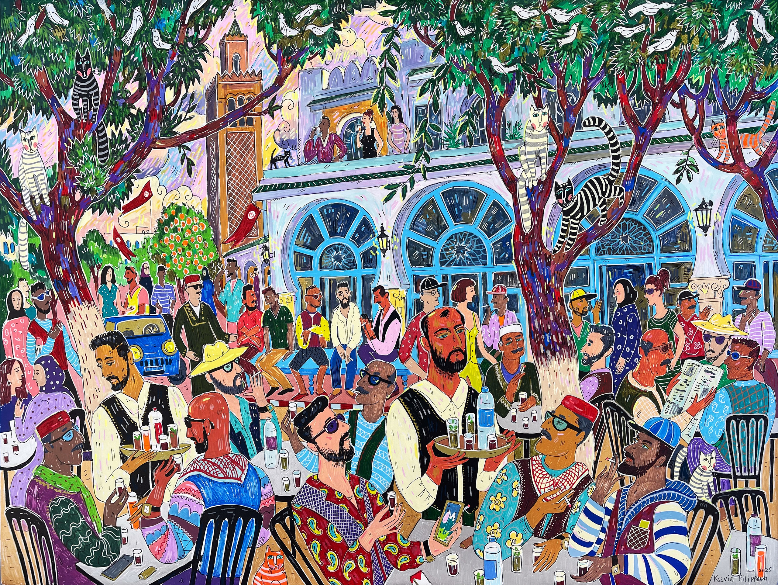 Café Haouas in La Marsa, acrylic markers on canvas, 50 × 65 cm, 2025