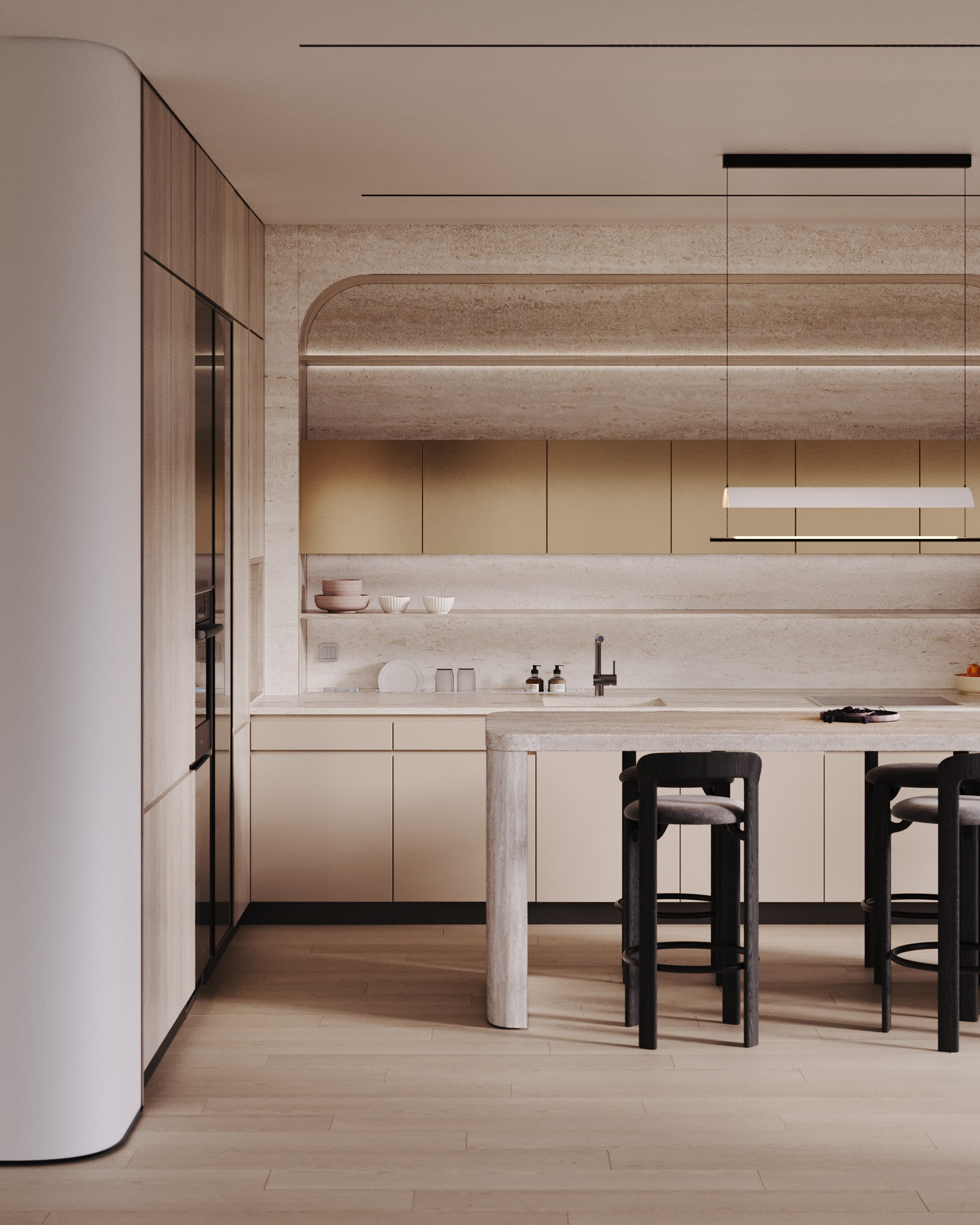 визуализация острова  кухни - гостиной в минималистичном современном  стиле