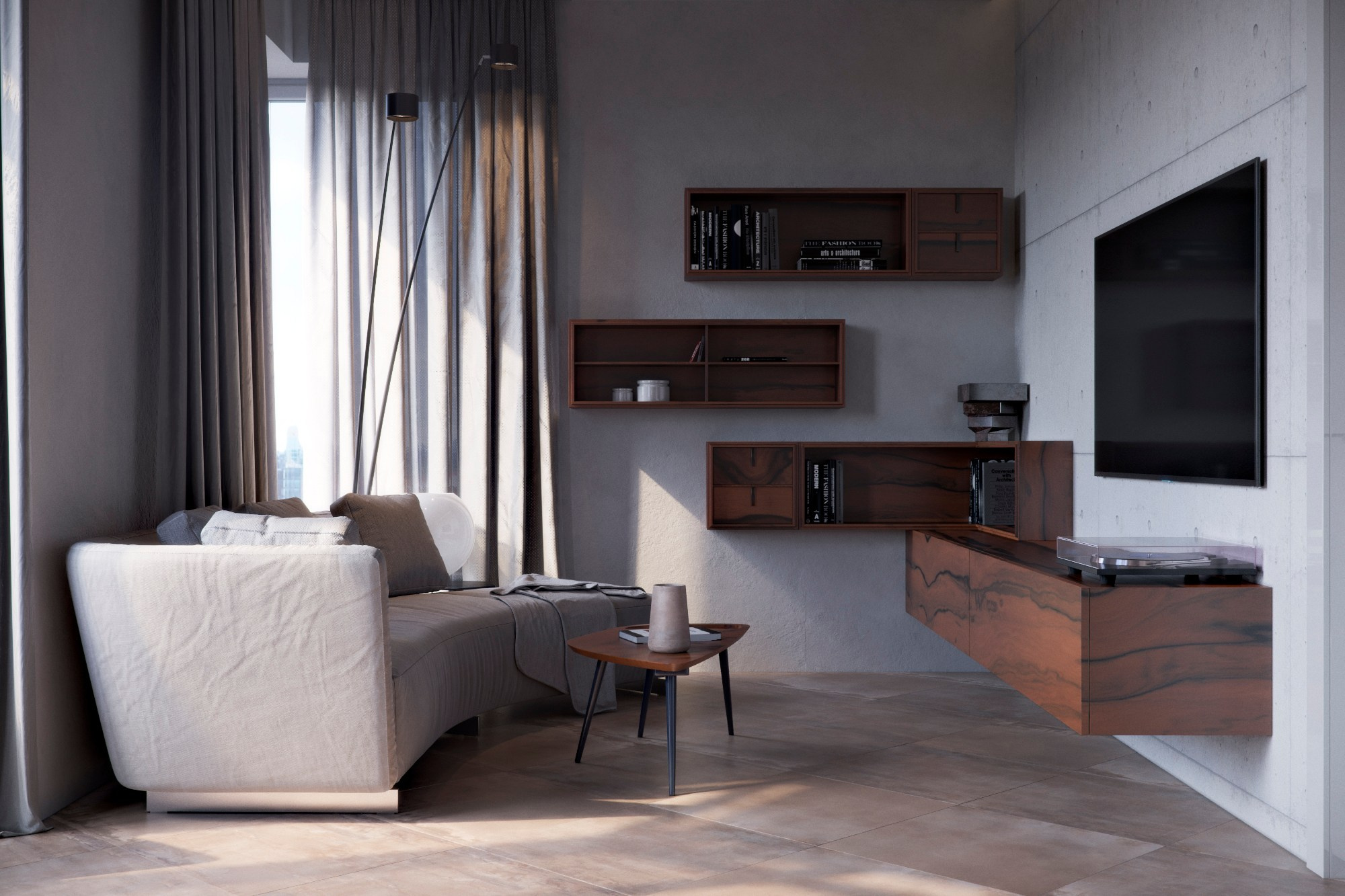 Дизайн Кухни-Гостиной в Минимализме | Бетон, Стекло и Свет в 3D Визуализации. Визуализатор интерьера в Москве | Брагин Кирилл