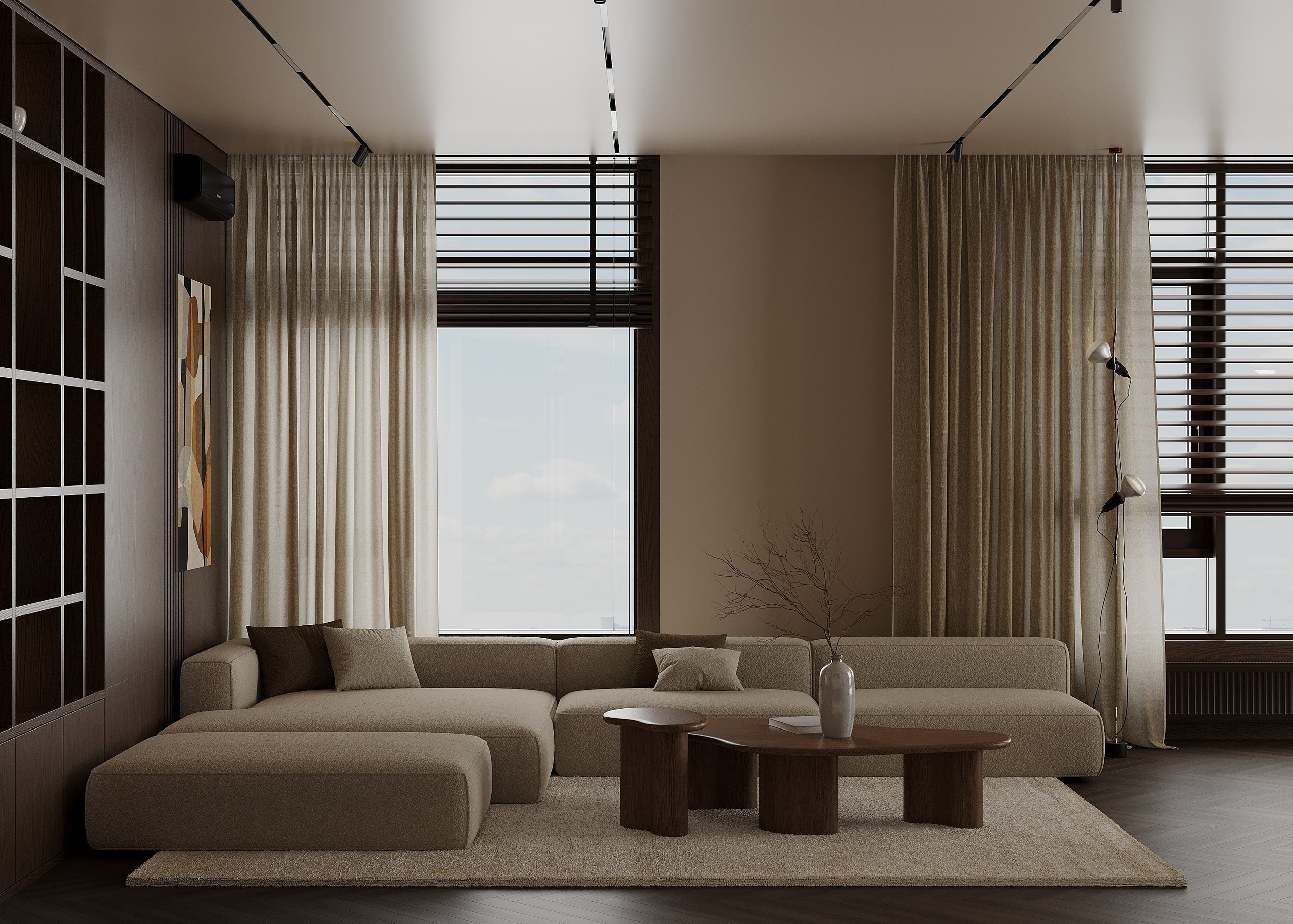 Гостиная в современном стиле  в бежевых тонах с большим и комфортным диваном     A modern living room in beige tones with a large and comfortable sofa