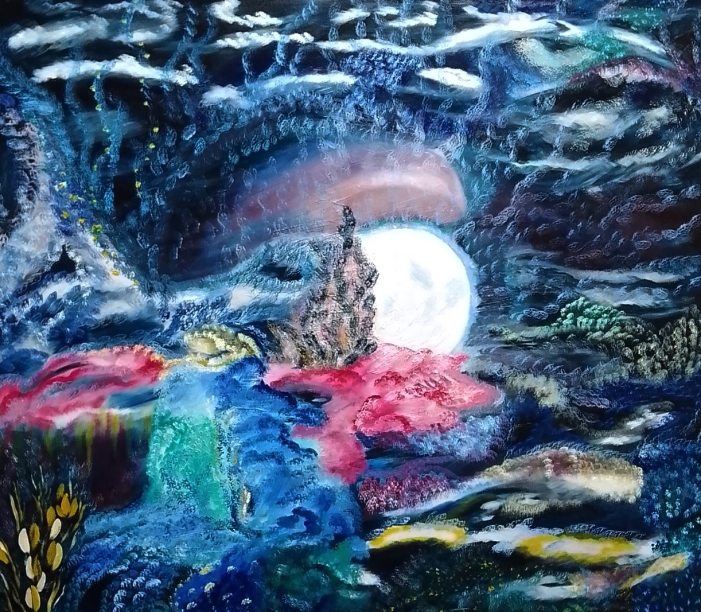 На морском дне лежит сверкающая жемчужина.  Рельефный пейзаж морского разнообразия каралов. Картина с элементами абстракции и сюрреализма.