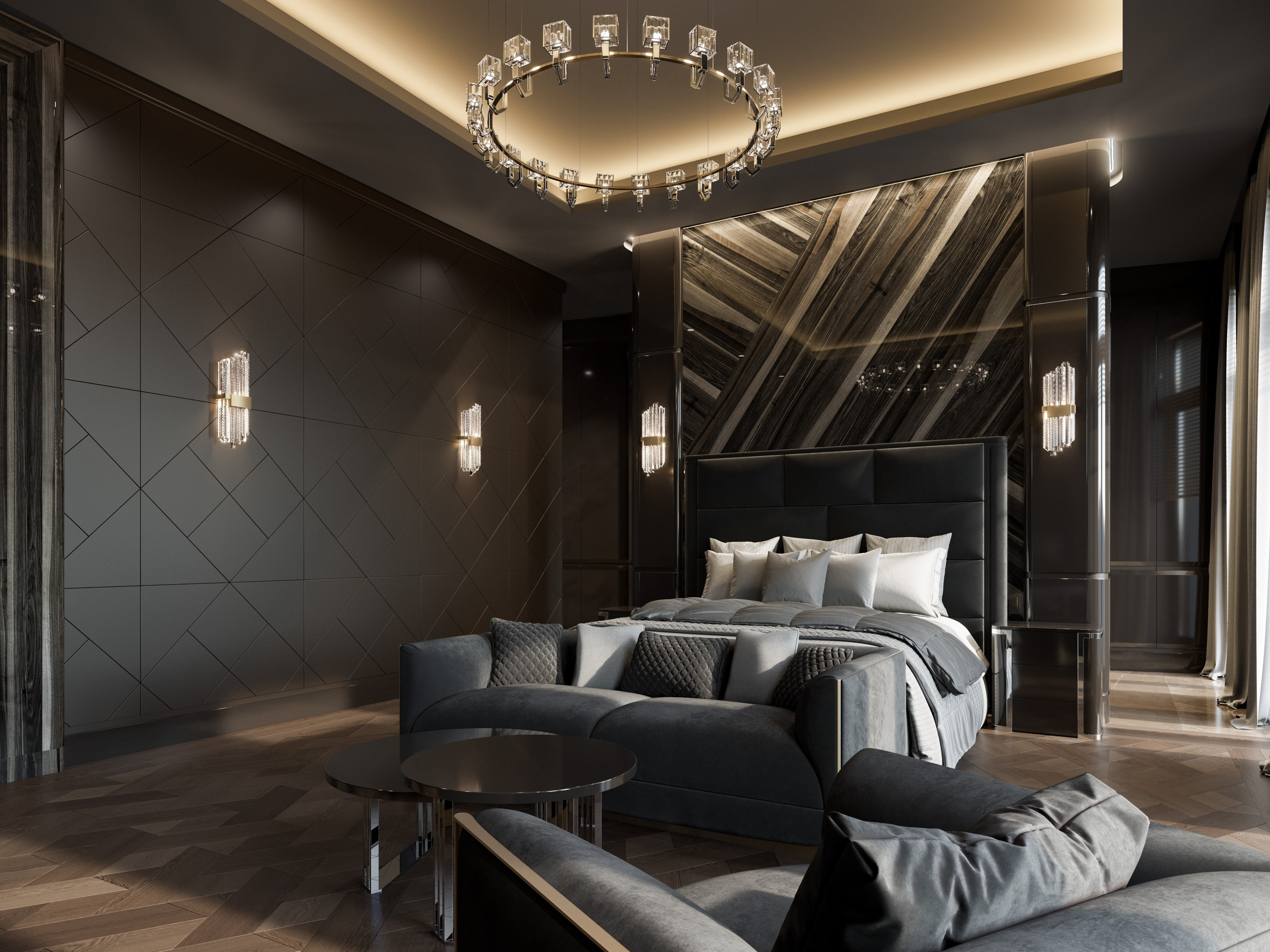 3D визуализация черных подвесных светильников с золотыми деталями в мужской спальне