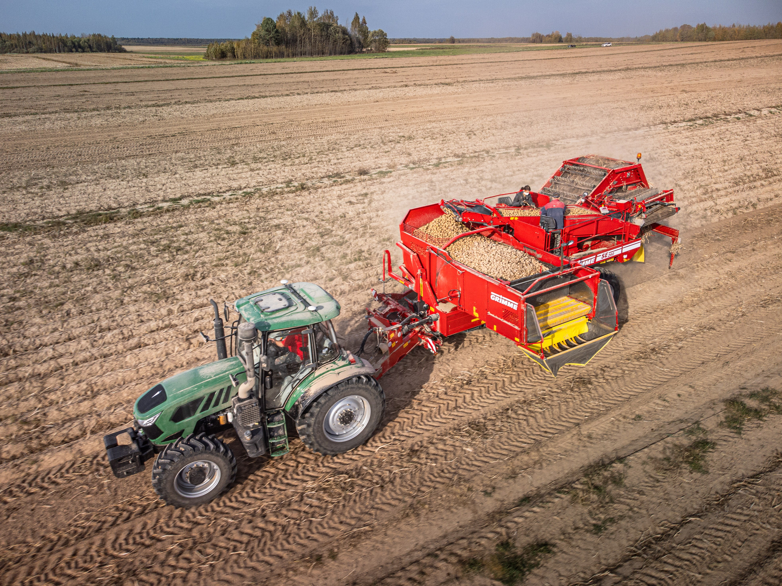 трактор со специальным прицепом собирает готовый урожай картофеля с поля, сельское хозяйство Любимского района, Ярославской области, спецтехника, поле, песок, пыль