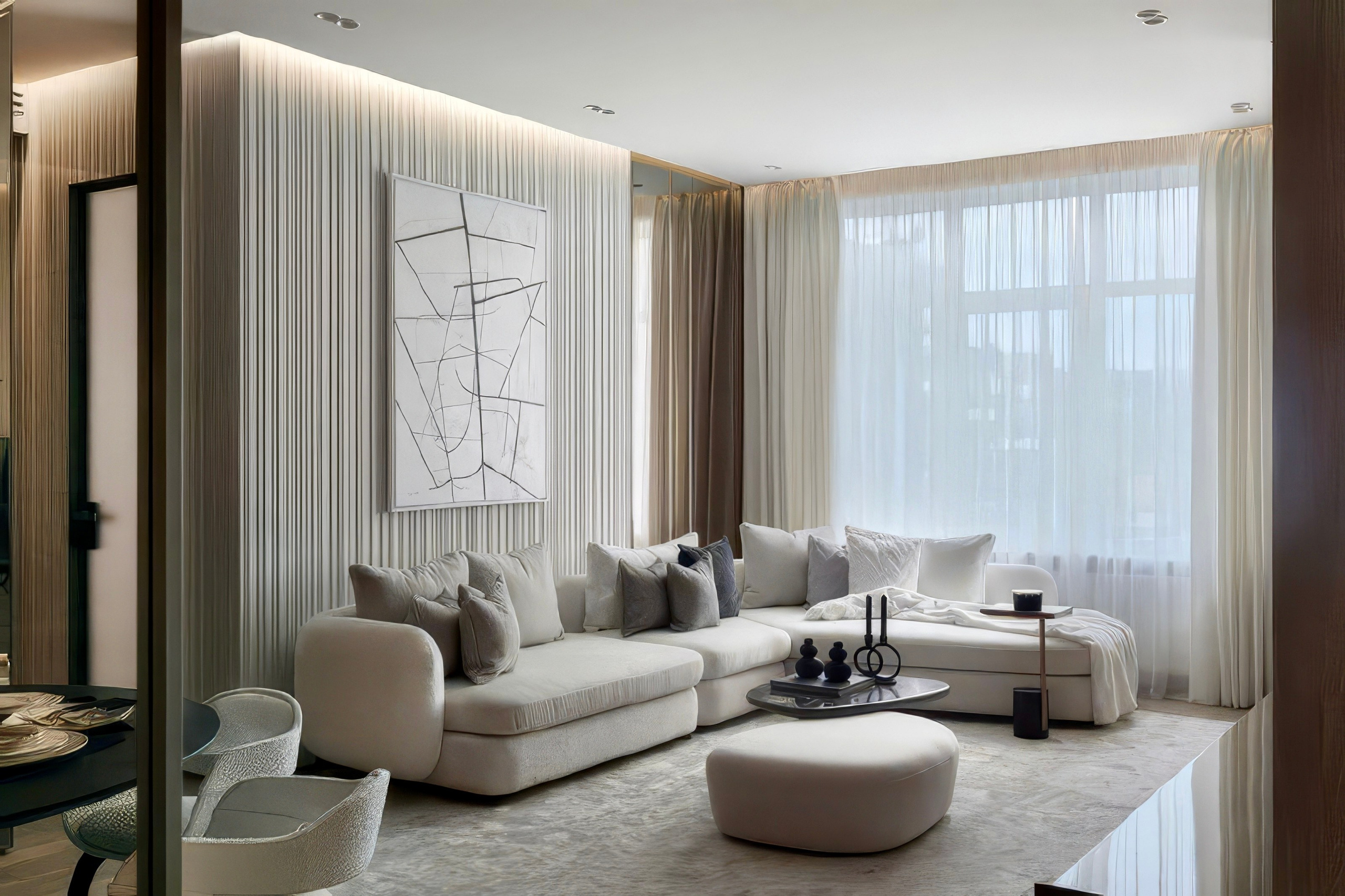 Светлая гостиная с белым диваном и панорамными окнами в современном стиле | Валерия Котович