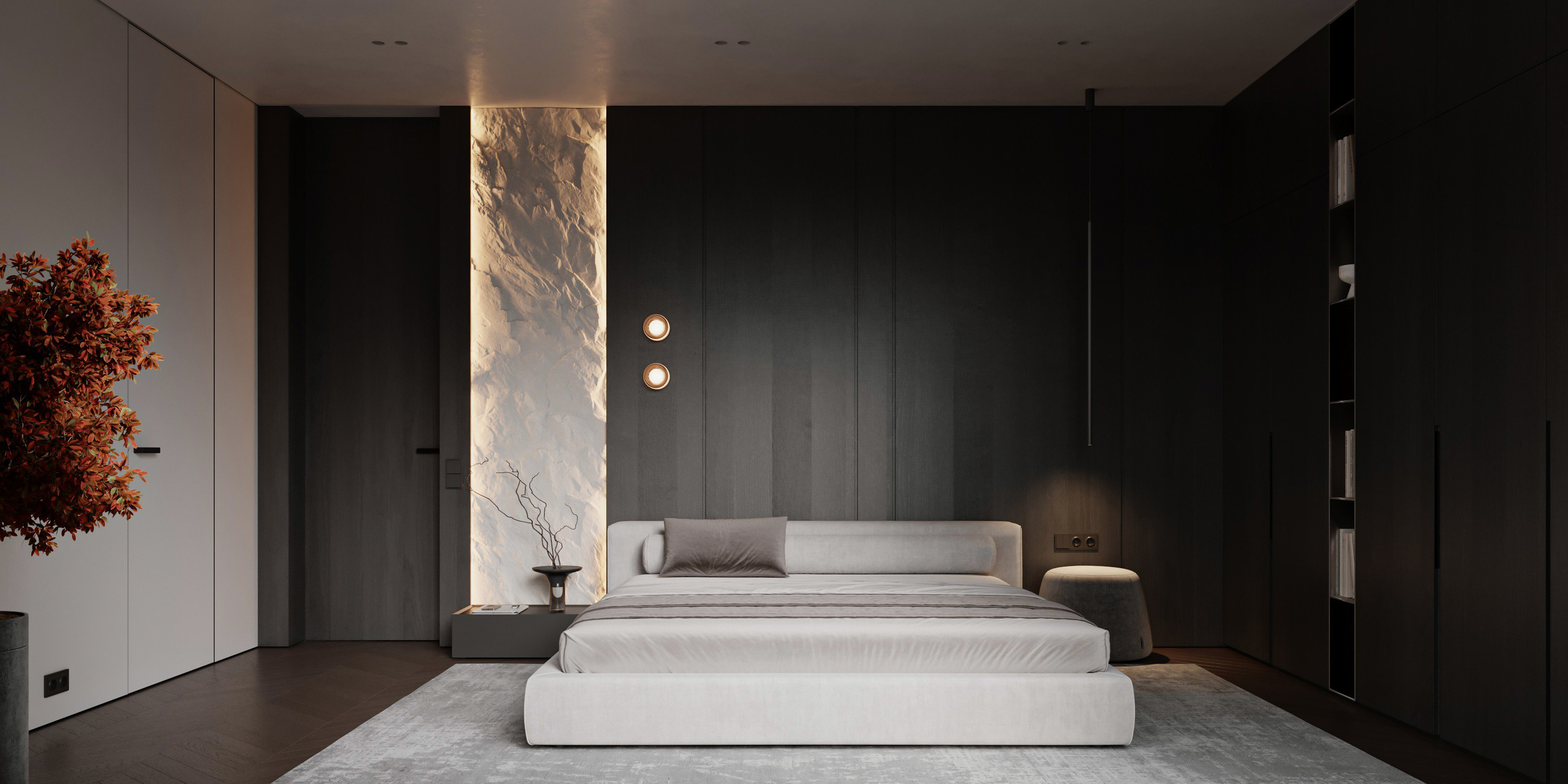 Мужская темная спальня в стиле минимализм со скалой