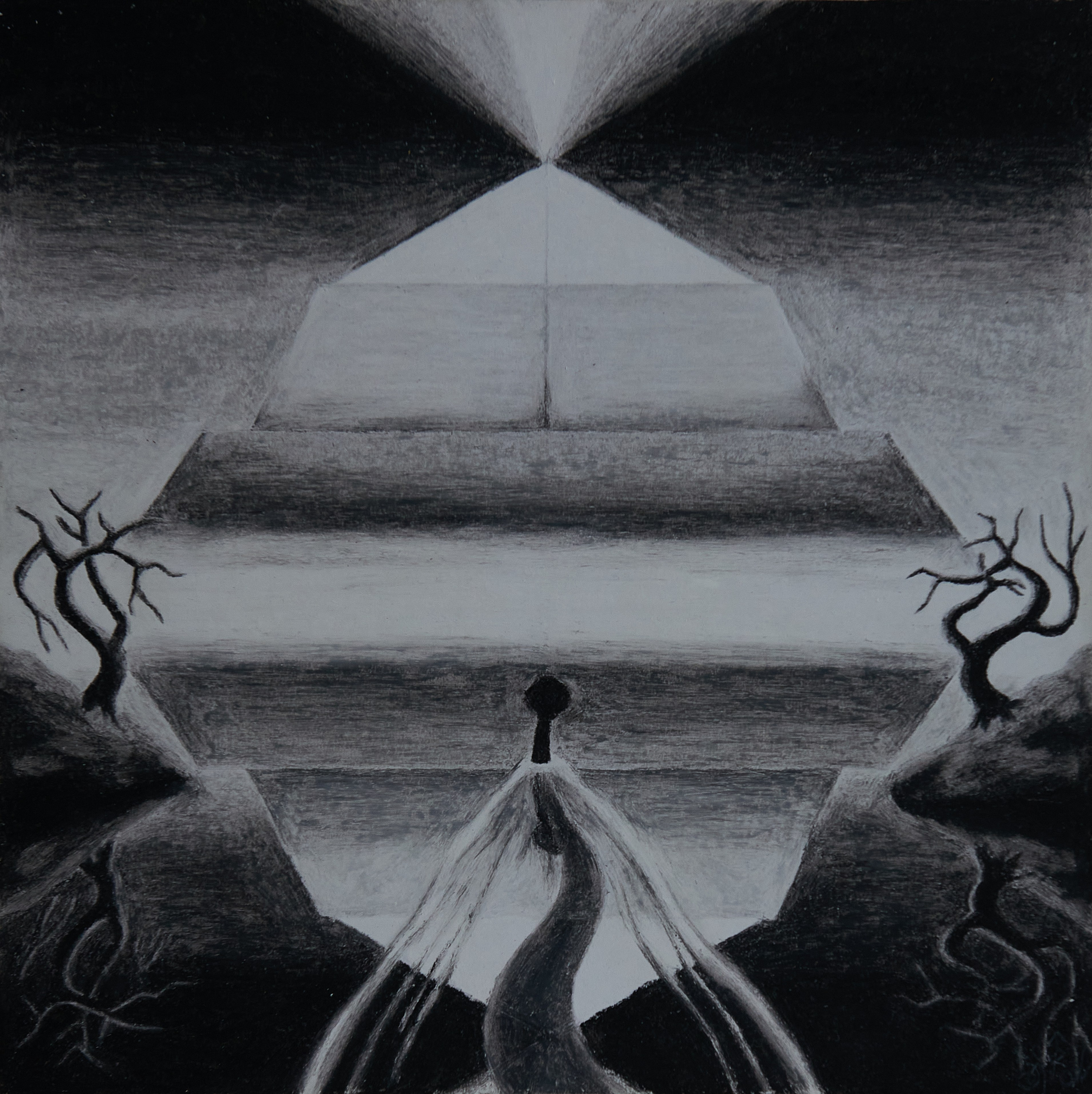 Путь Через Кайлас. Путь змеи – движение наименьшего сопротивления в водах бытья, окружаемых берегами ограниченности. Это путь гибкости сознания, побеждающего плотность материальных условий без их разрушения, и превосходящего действиями скольжения в верхних слоях обогащаемых воздухом жизни. Это путь сквозь пирамиду духовного мироустройства, распологающегося в бытье, но возвышающегося над ним, отображающегося в его глубину позициями небесных высей. Но путь этот ведёт в самоосознавание сущего. Год создания: 1999 г.