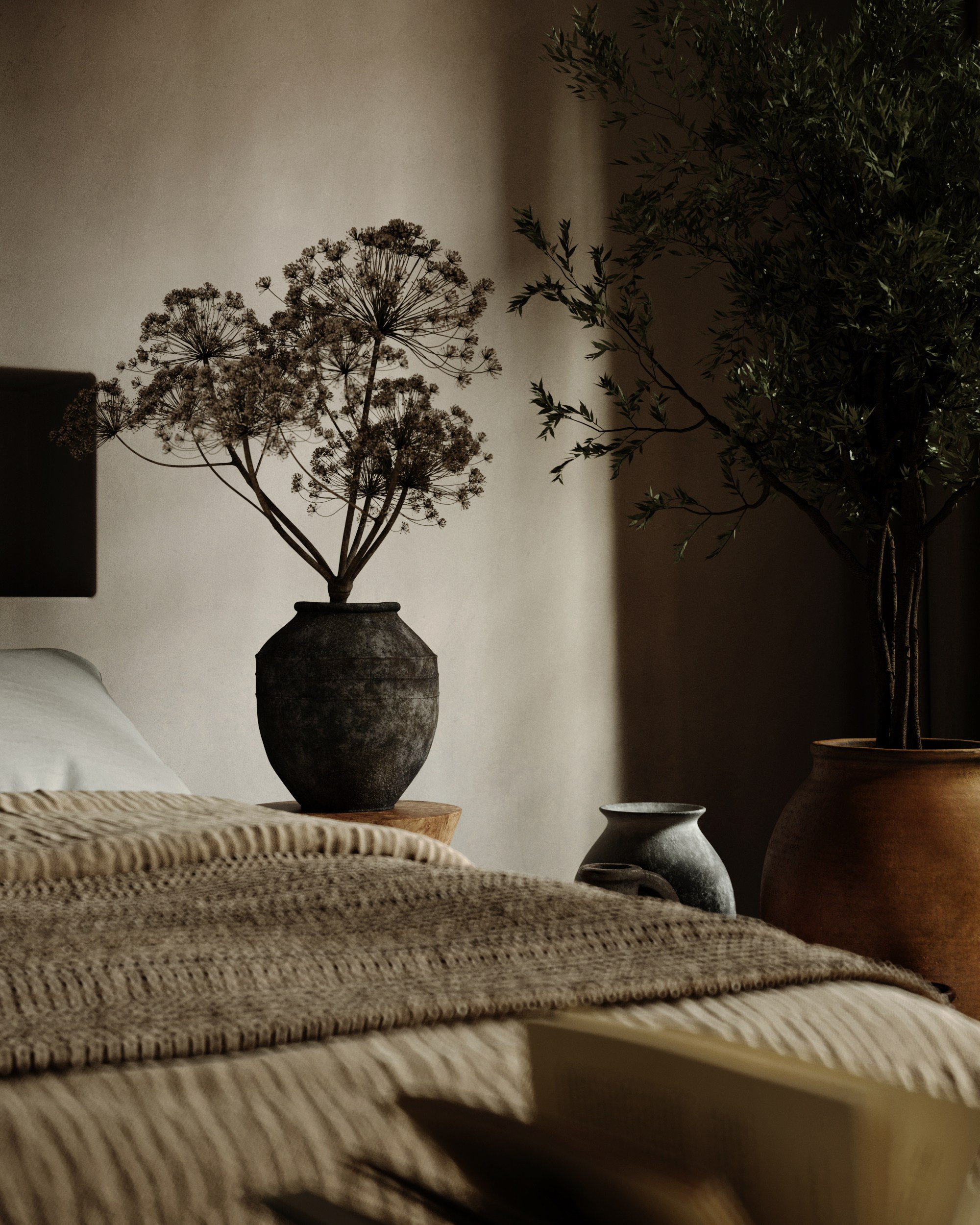 Спальня в стиле Wabi-Sabi. Создание 3д визуализаций. Анимированное видео. Сборка сцен