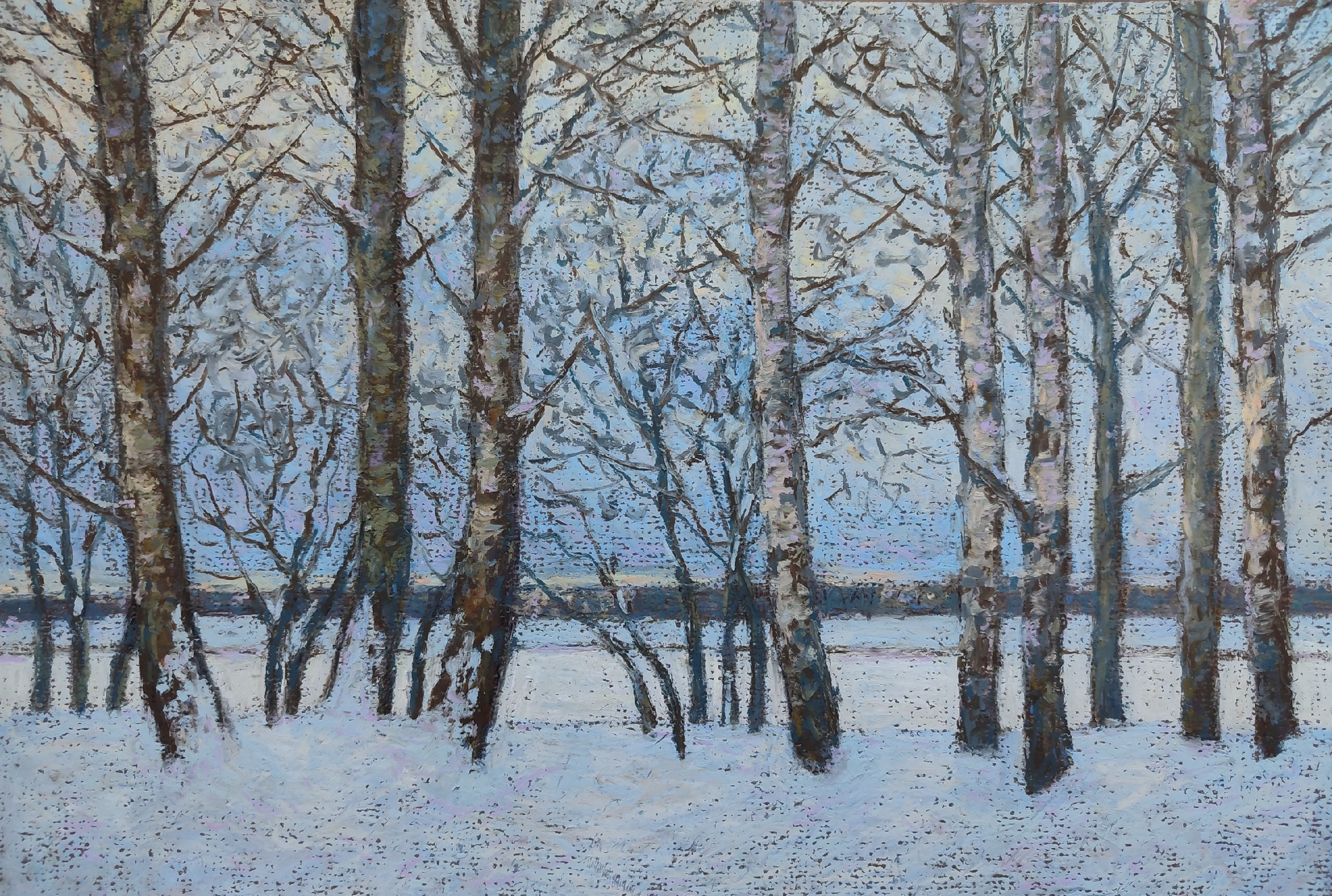 Пейзаж масляной пастелью, рисунок - Зимний пейзаж с деревьями
