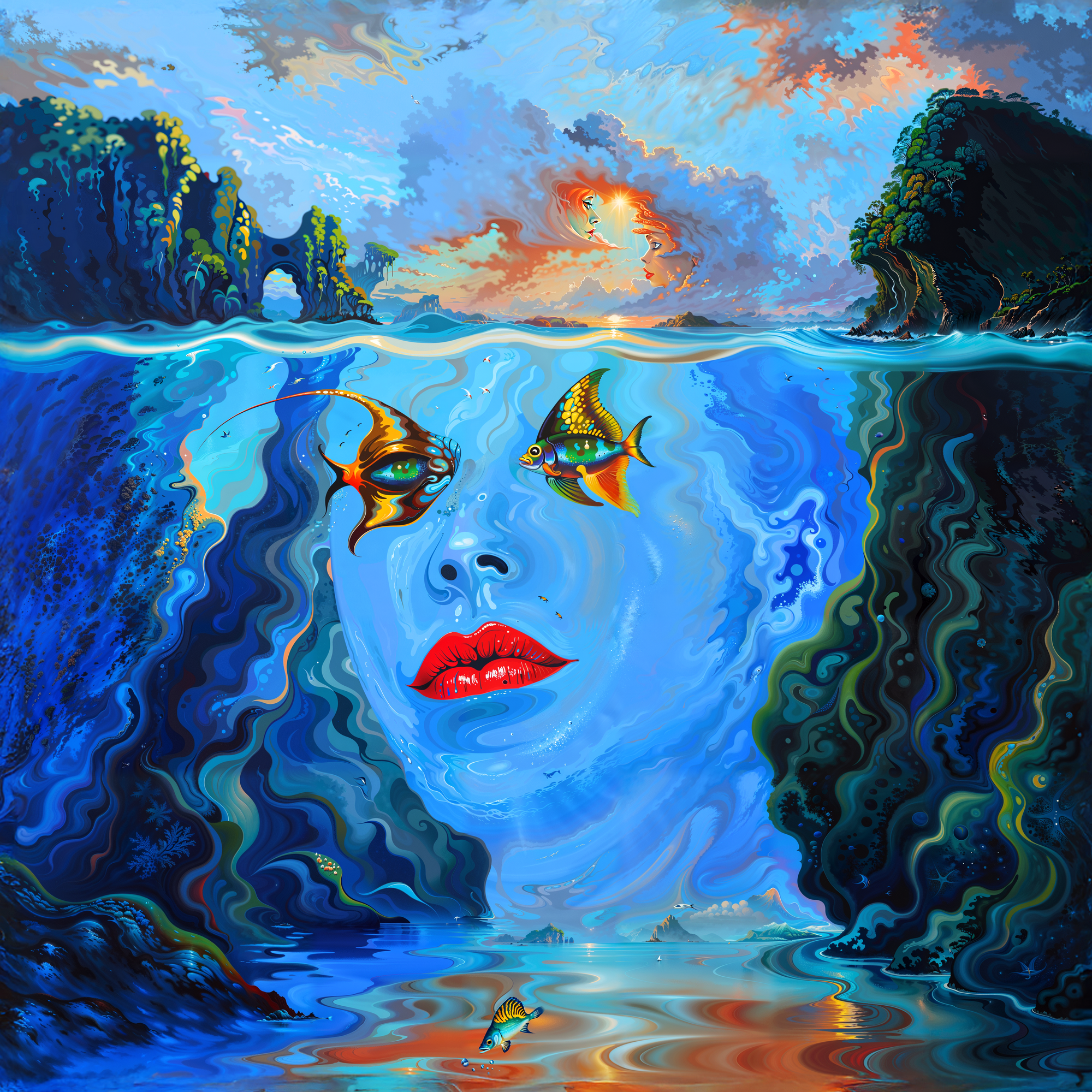 Женское лицо, образованное из морского пейзажа с рыбами вместо глаз и скалами по бокам, адаптация картины Джима Уоррена в сюрреалистическом стиле.