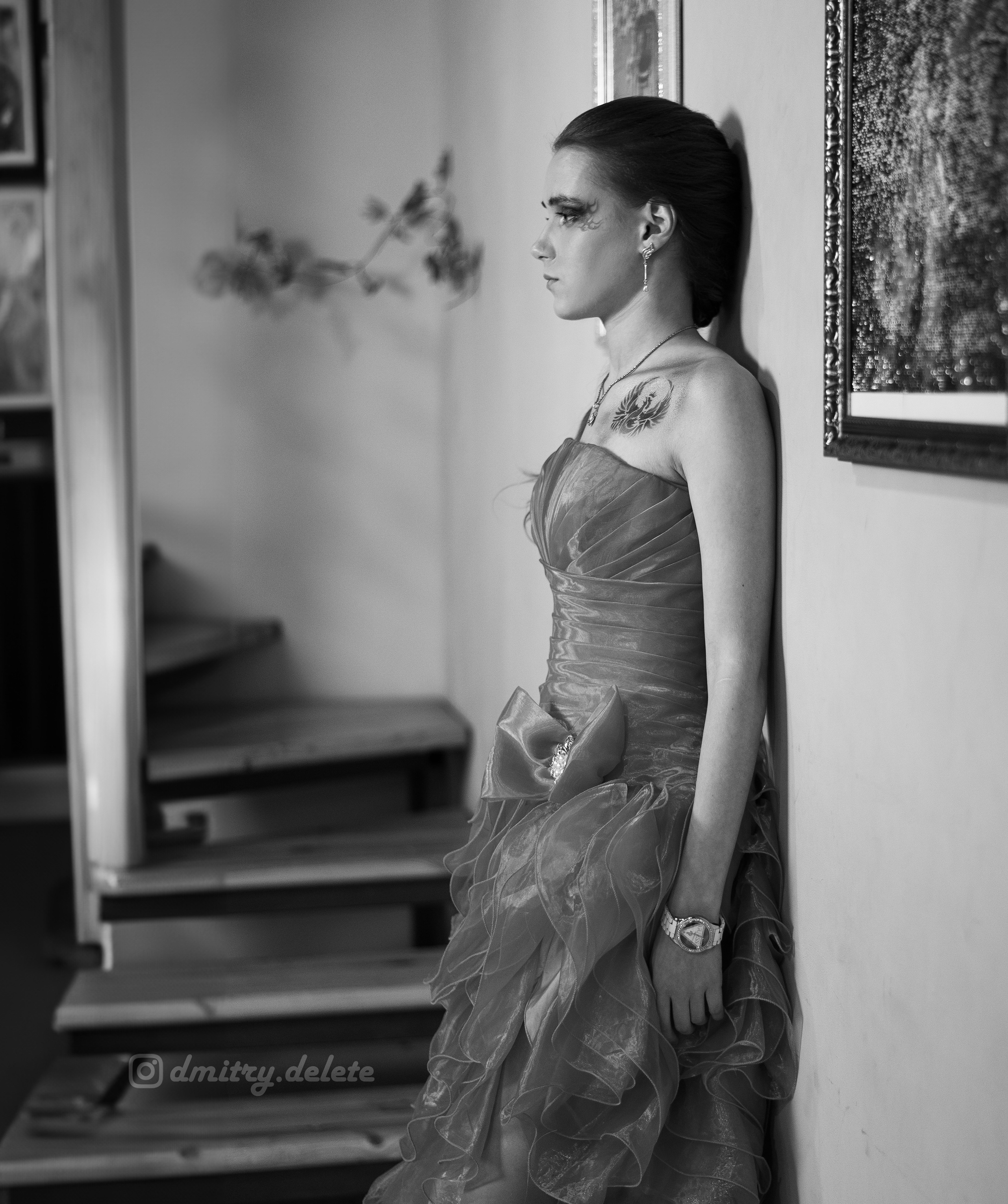 черно белое фото девушка в бальном платье в профиль у лестницы в картинной галерее