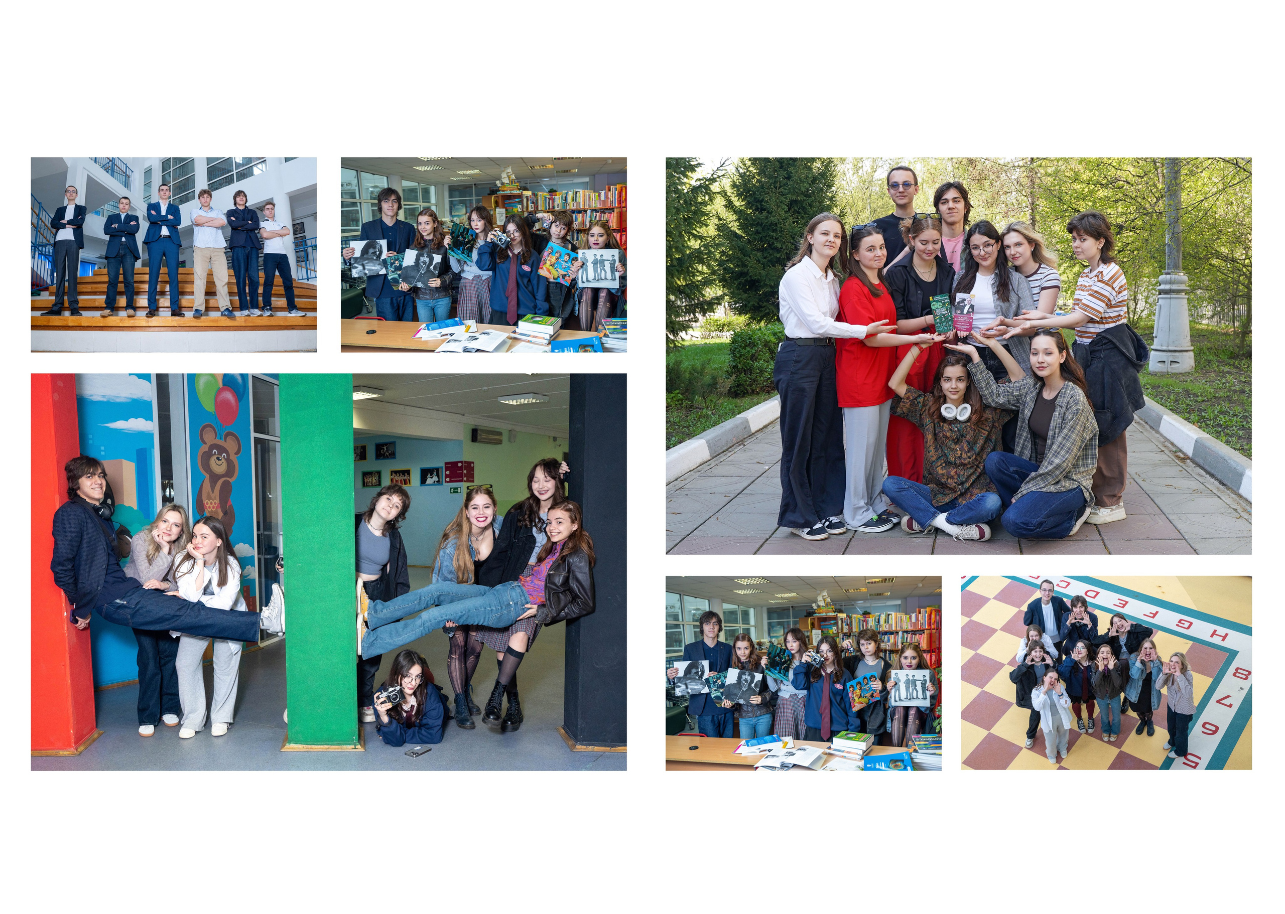 Репортаж школьной жизни : старшеклассники позируют большими компаниями во дворе школы и демонстрируют креативные идеи