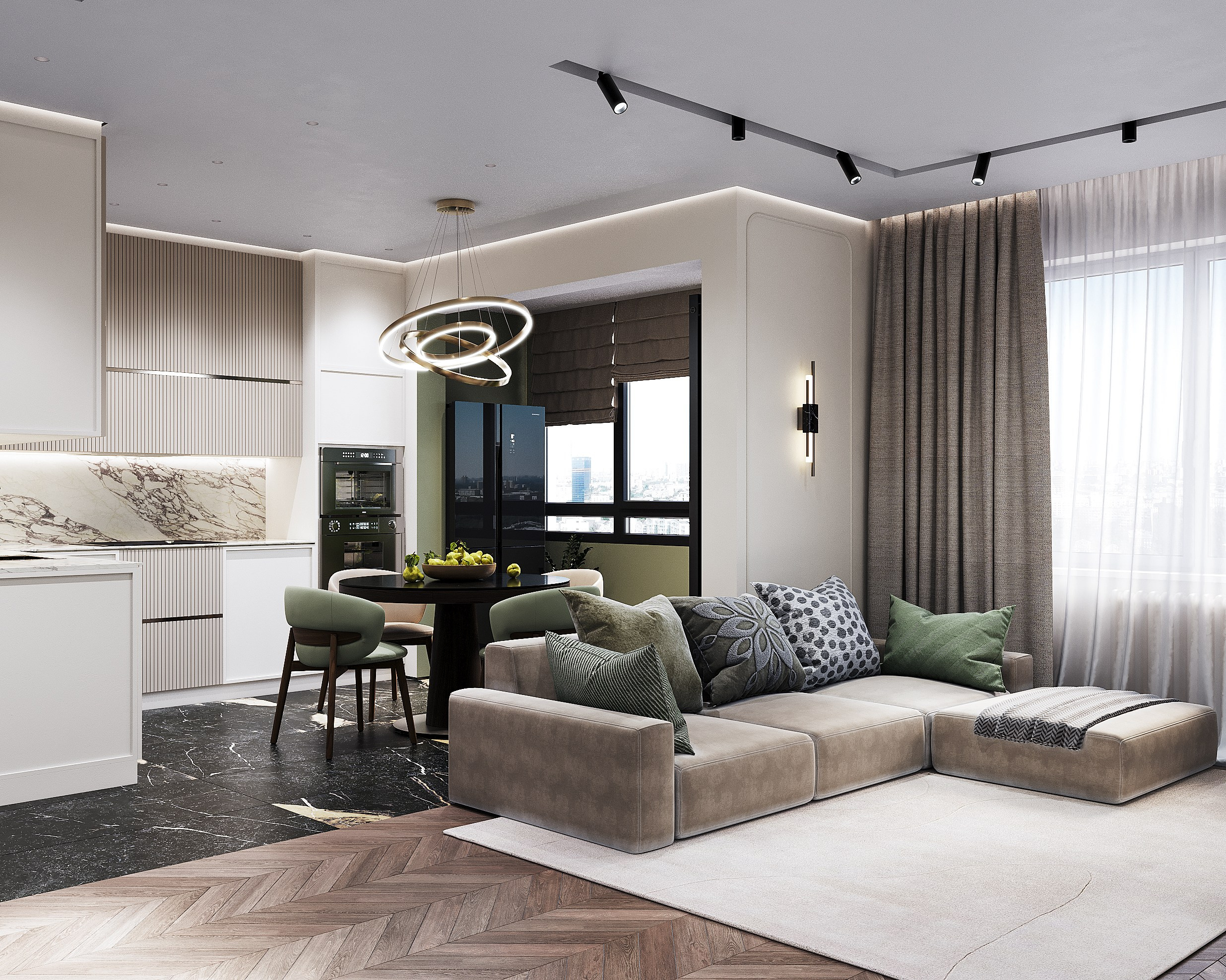 Кухня-гостиная в спокойной нейтральной палитре с модульным диваном в ЖК Настроение