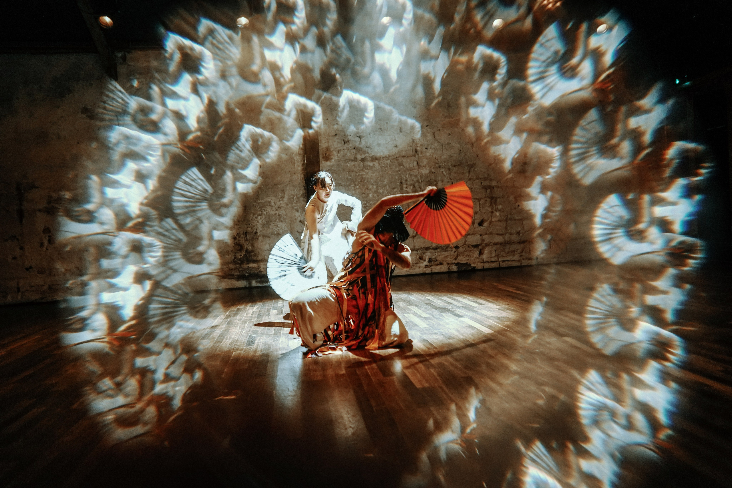 Fan duet surrounded by projected fan-shaped light, Le Regard du Cygne Paris — photo by Anna Ulianova / Дуэт с веерами в окружении световой проекции из вееров, Le Regard du Cygne, Париж — фото Анны Ульяновой