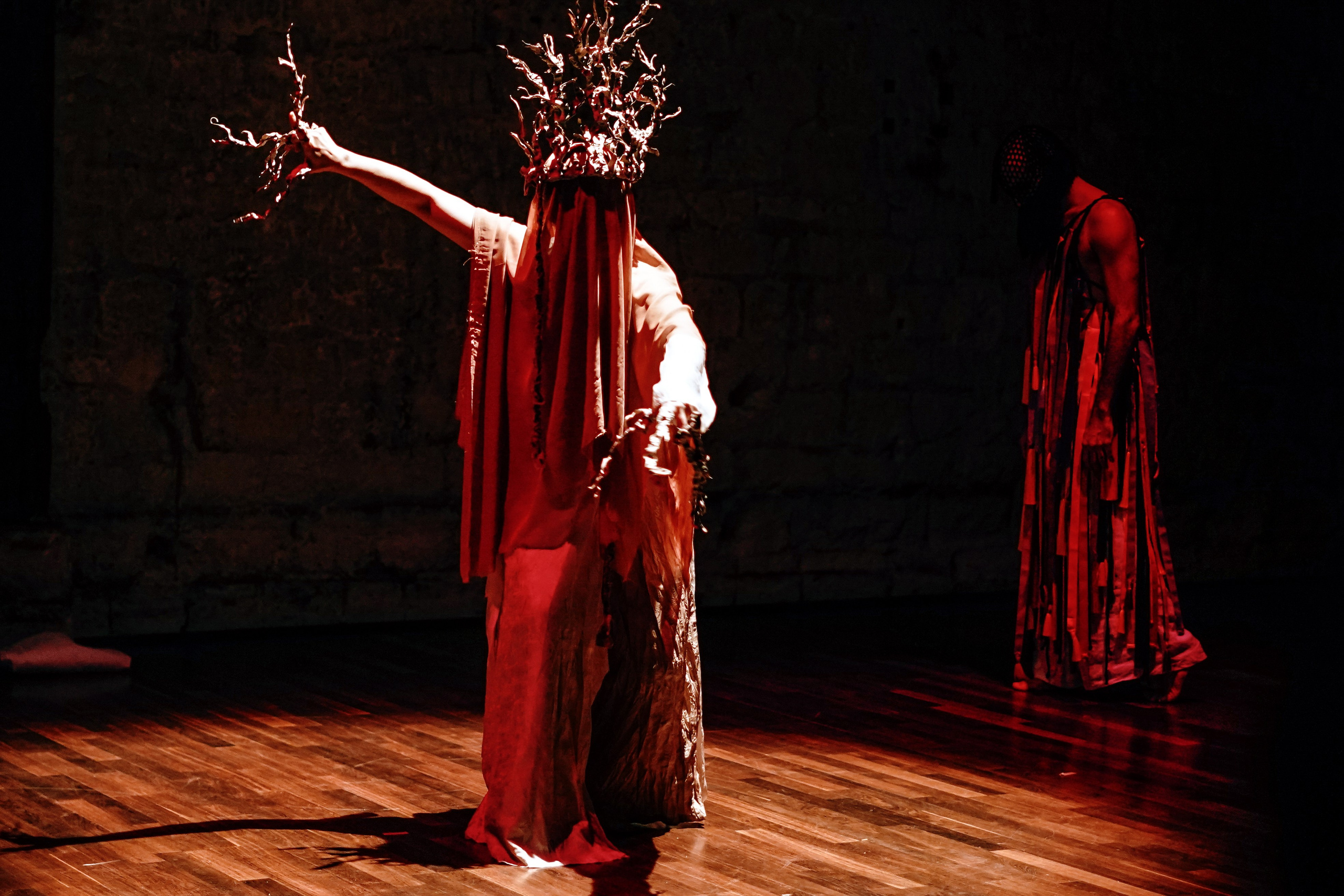 Figure in a branch crown and red veil with arms raised, second red figure in shadow, contemporary dance Paris — photo by Anna Ulianova / Фигура в короне из ветвей и красном покрывале с поднятыми руками, вторая фигура в тени, современный танец, Париж — фото Анны Ульяновой