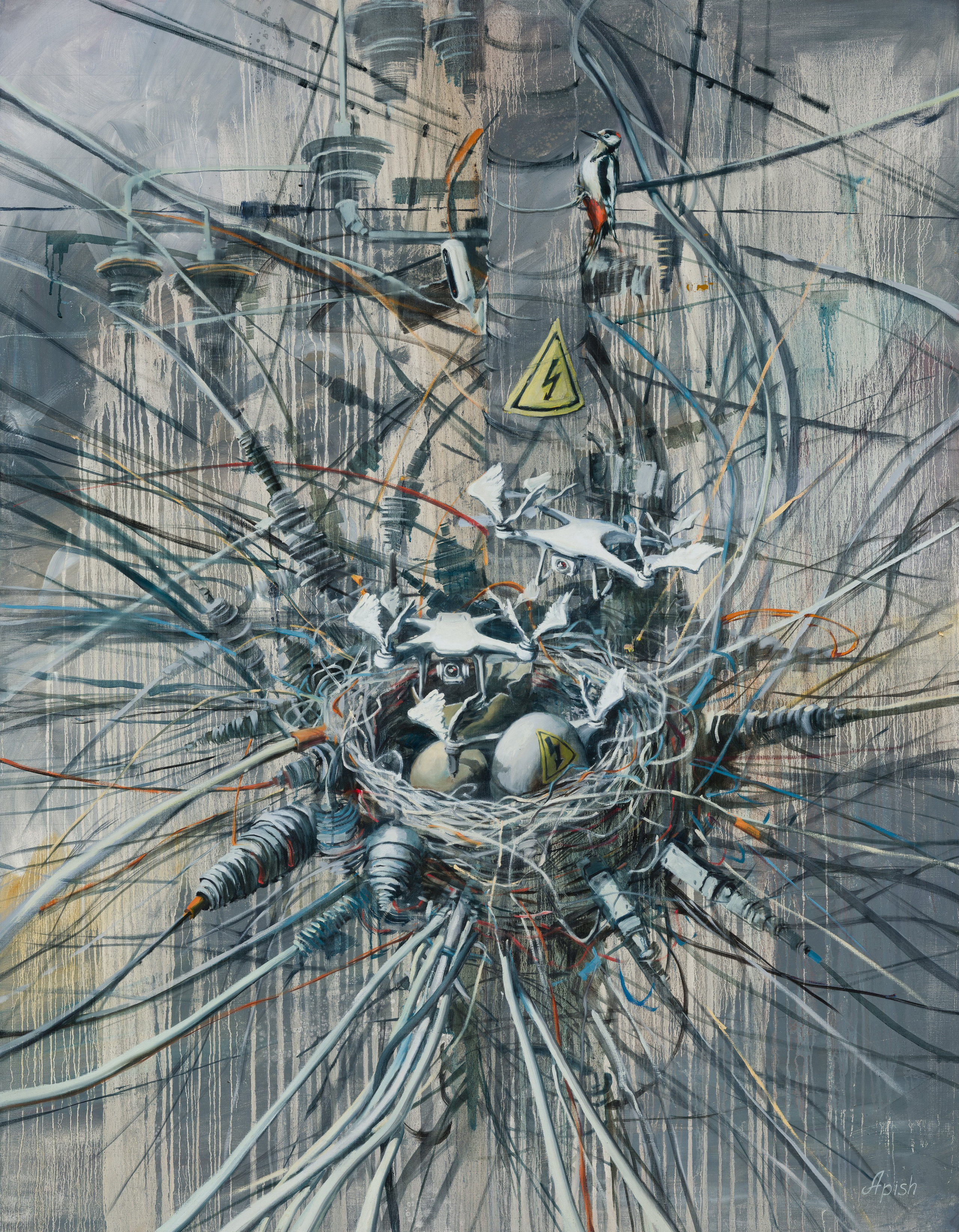 «Техногенное гнездо» - художник Алексей Апиш (холст, масло, 180x140 см, 2024)