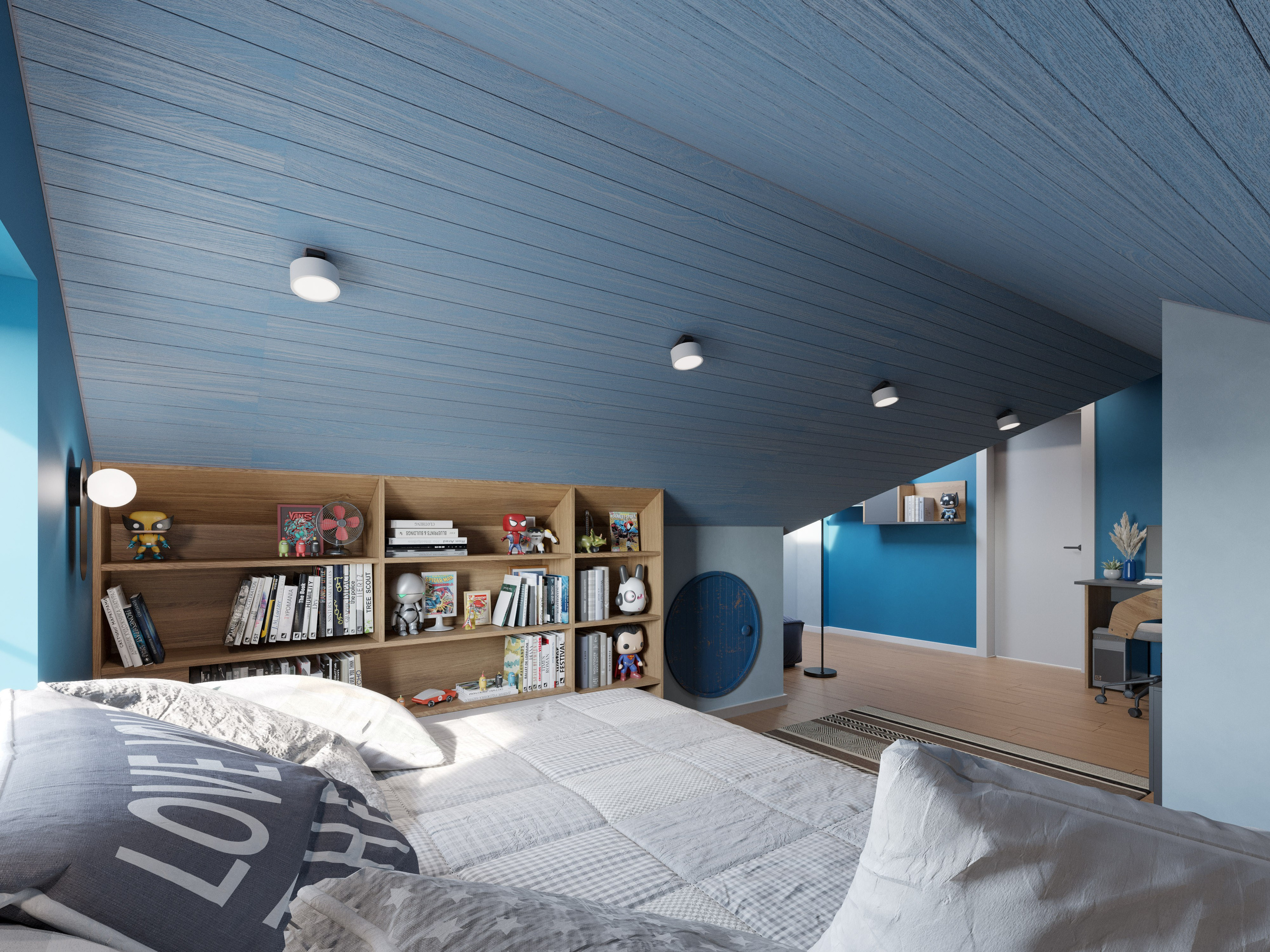 Зона спальни в детской комнате с книжными полками и точечной подсветкой 