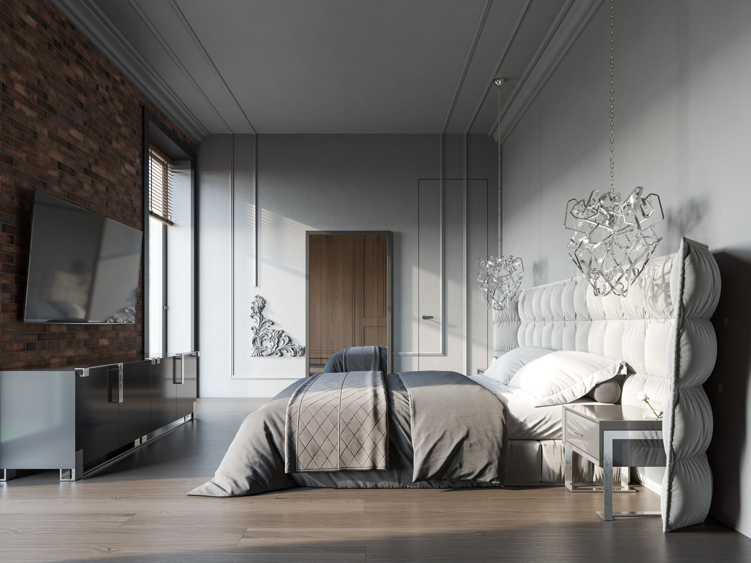 Спальня с большой кроватью с широким мягким изголовьем