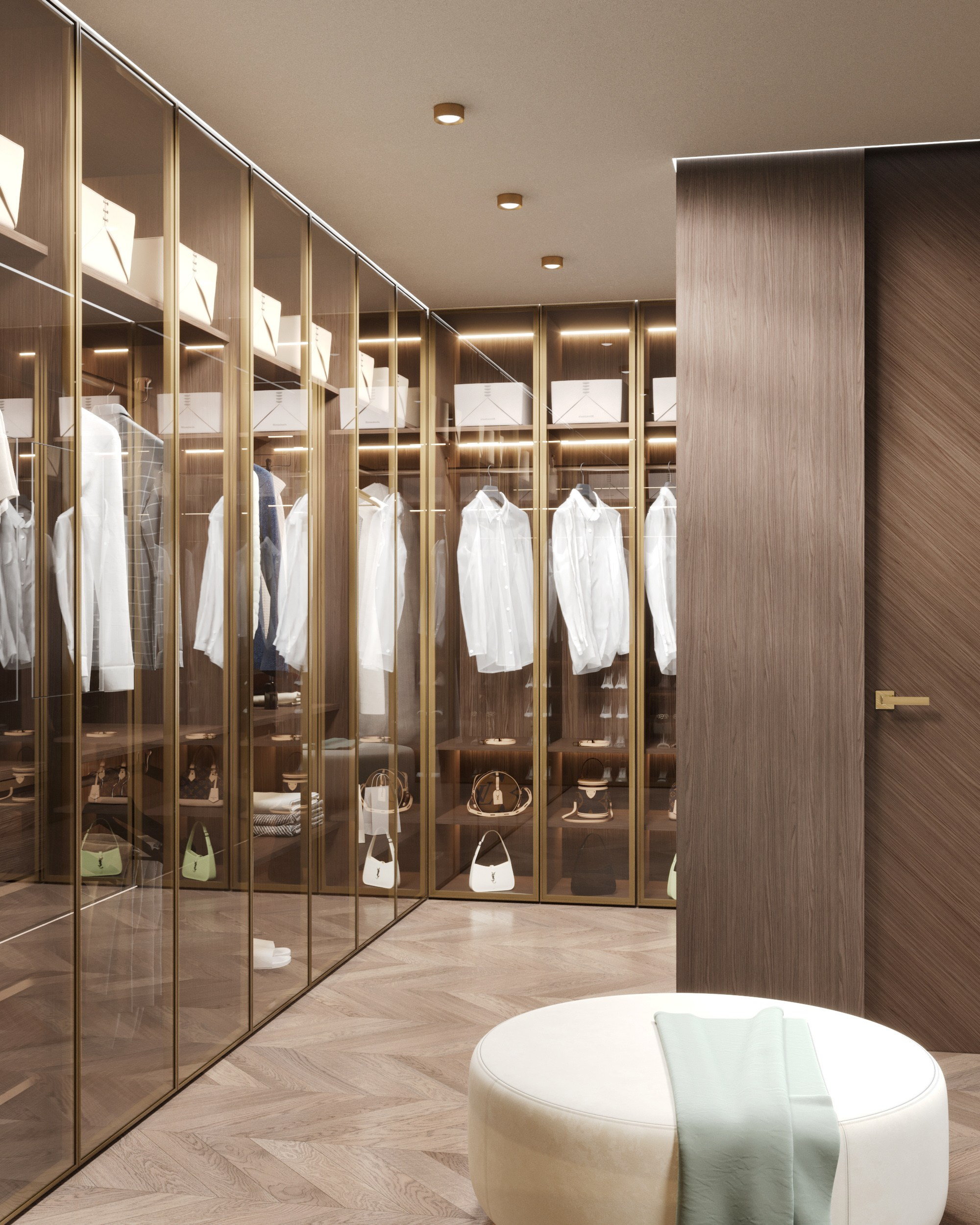 Рендер гардеробной с угловой системой хранения: стеклянные двери, ряды рубашек на вешалках