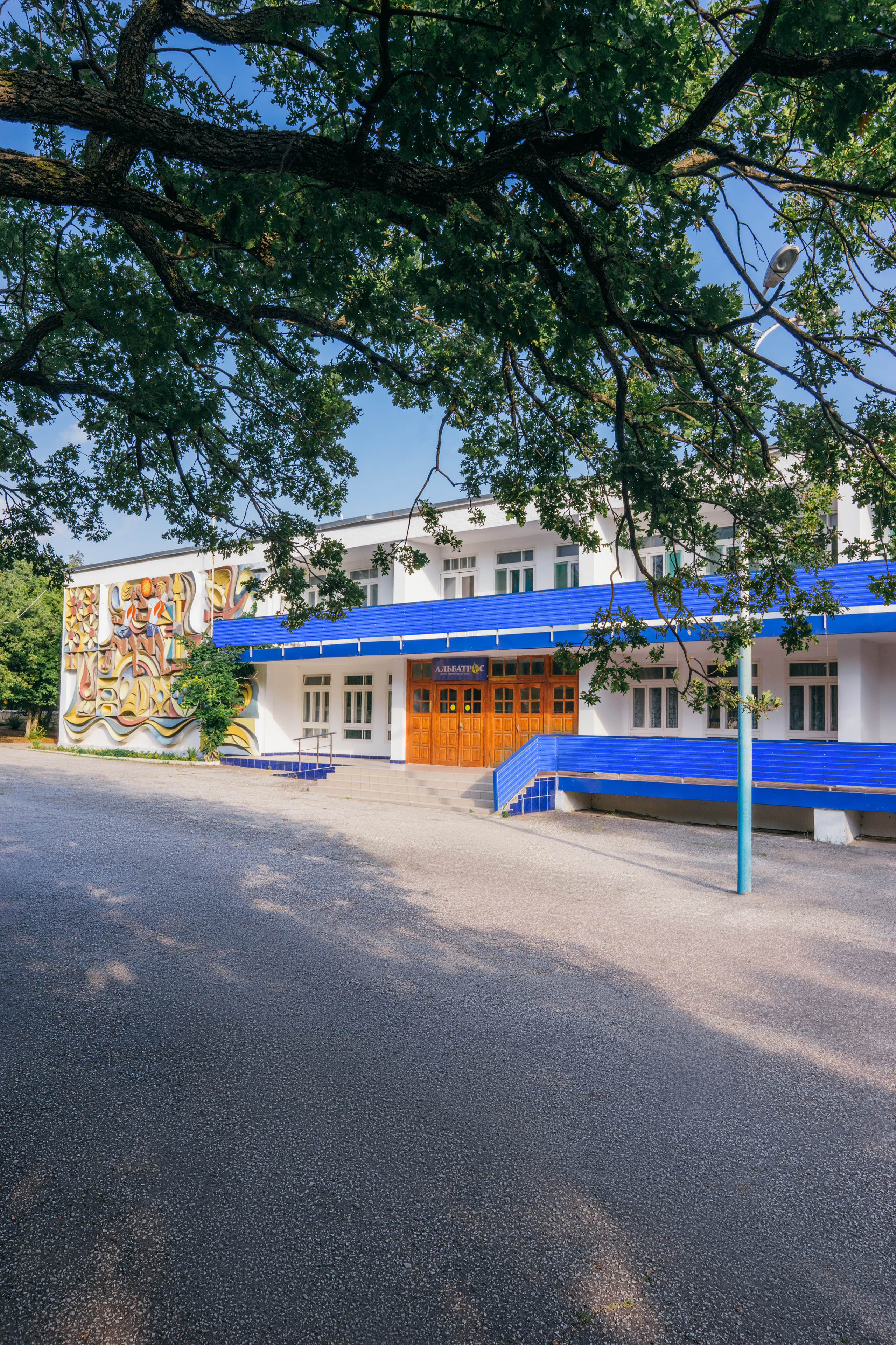 Кают-компания, на переднем плане дерево, на заднем плане здание с мозаикой