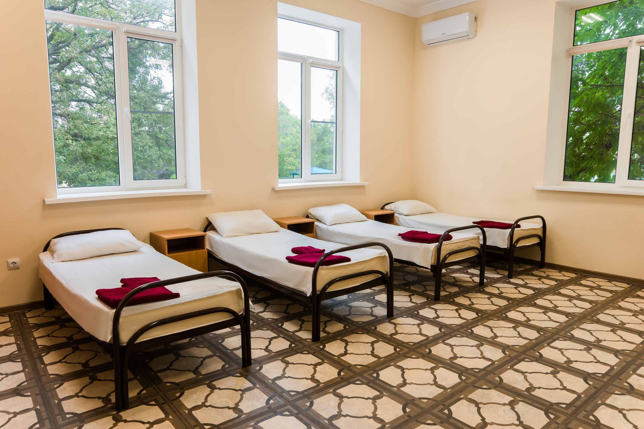 Комната в корпусе с удобствами, 4 кровати, постельное белье, подушки, вид из окна на парк