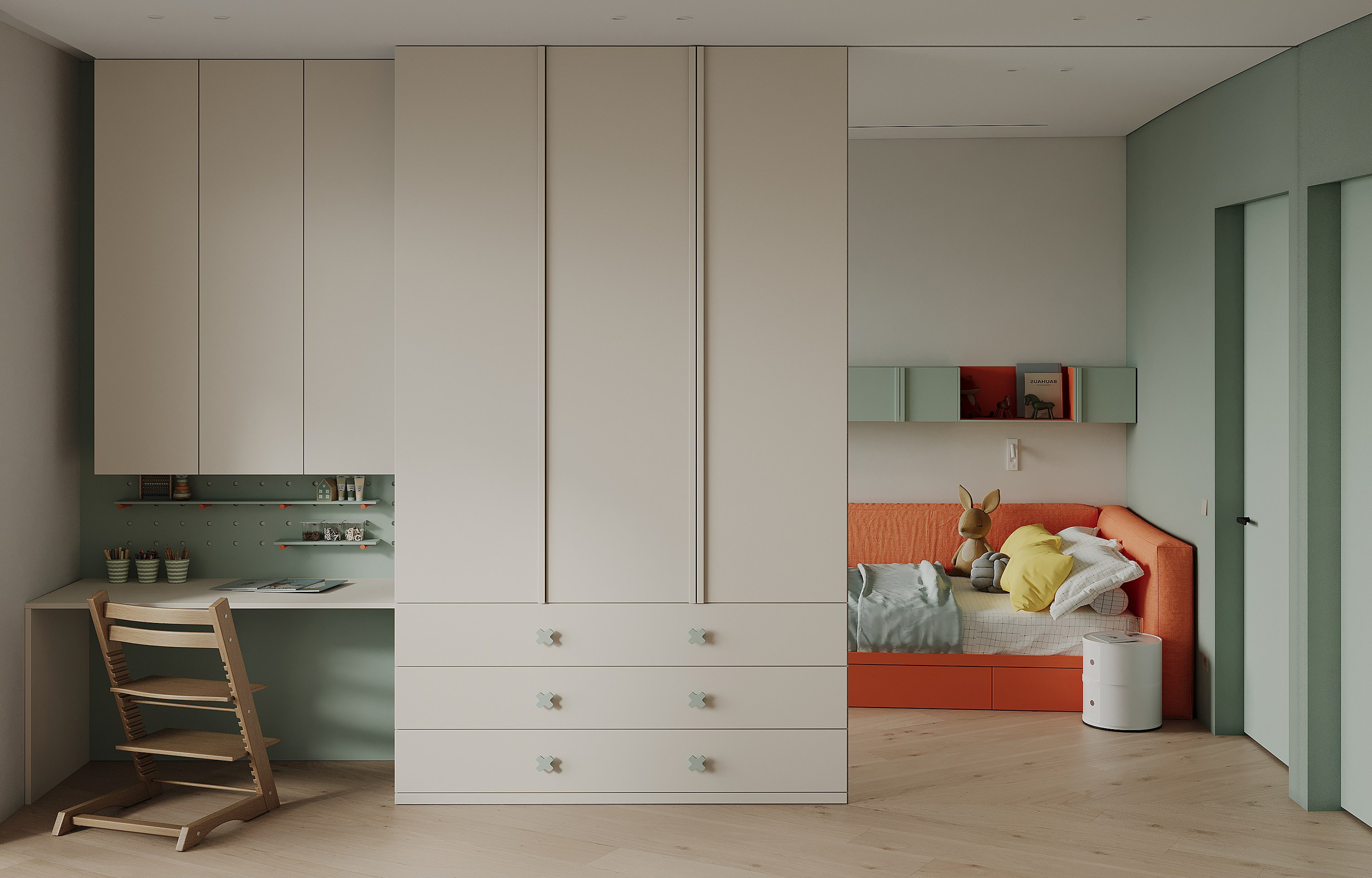 Детская. Яркая детская. Комната подростка. Минмализм. Светлый интерьтер. Яркий цвет. Минималистичная спальня. Дизайн интерьера. современный стиль, минимализм, функционализм, скандинавский стиль, interior design, minimalism