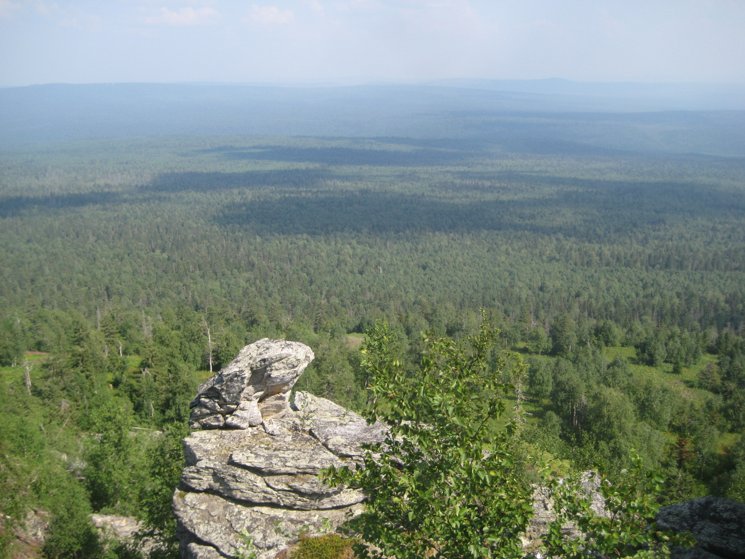 Темные пятна, проплывающие по морю уральской тайги - это тени от бегущих по небу облаков.
