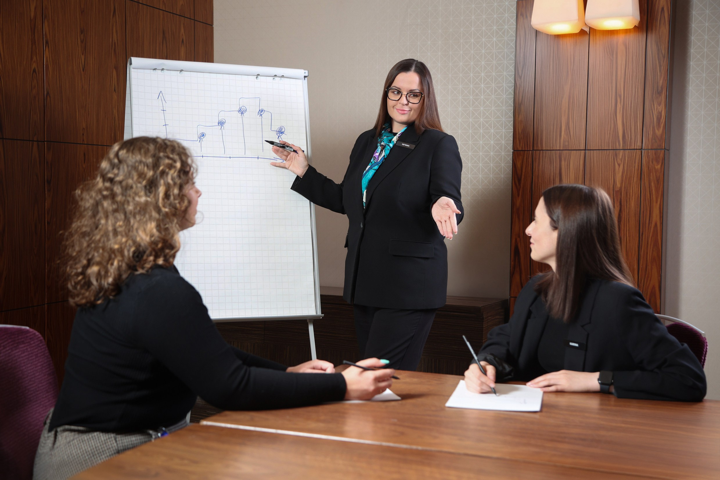 Три сотрудницы финансового департамента отеля обсуждают презентацию бюджетных показателей. Фото Василия Жукова.