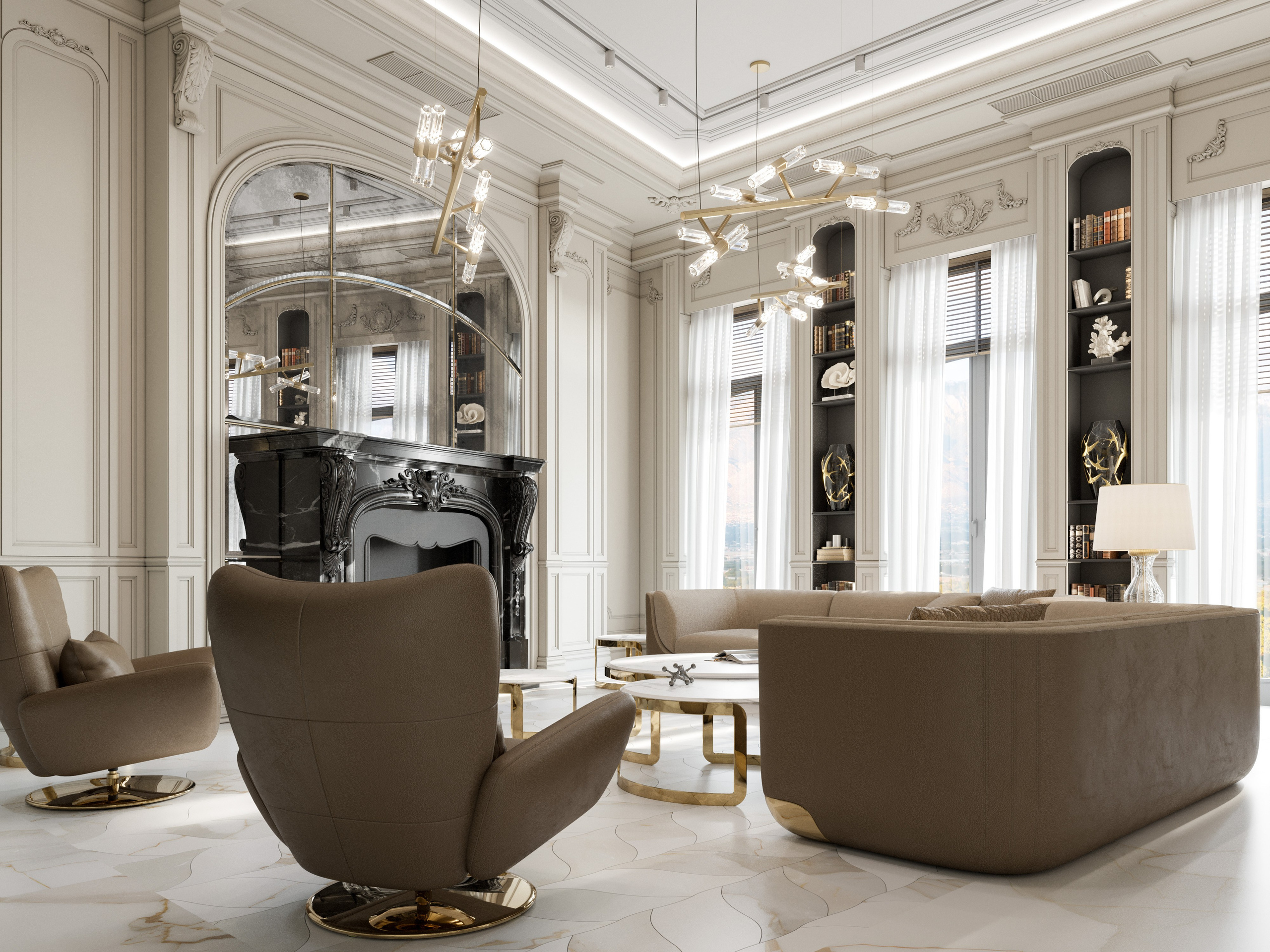 3D визуализация гостиной зоны с классическим камином из мрамора и современным диваном