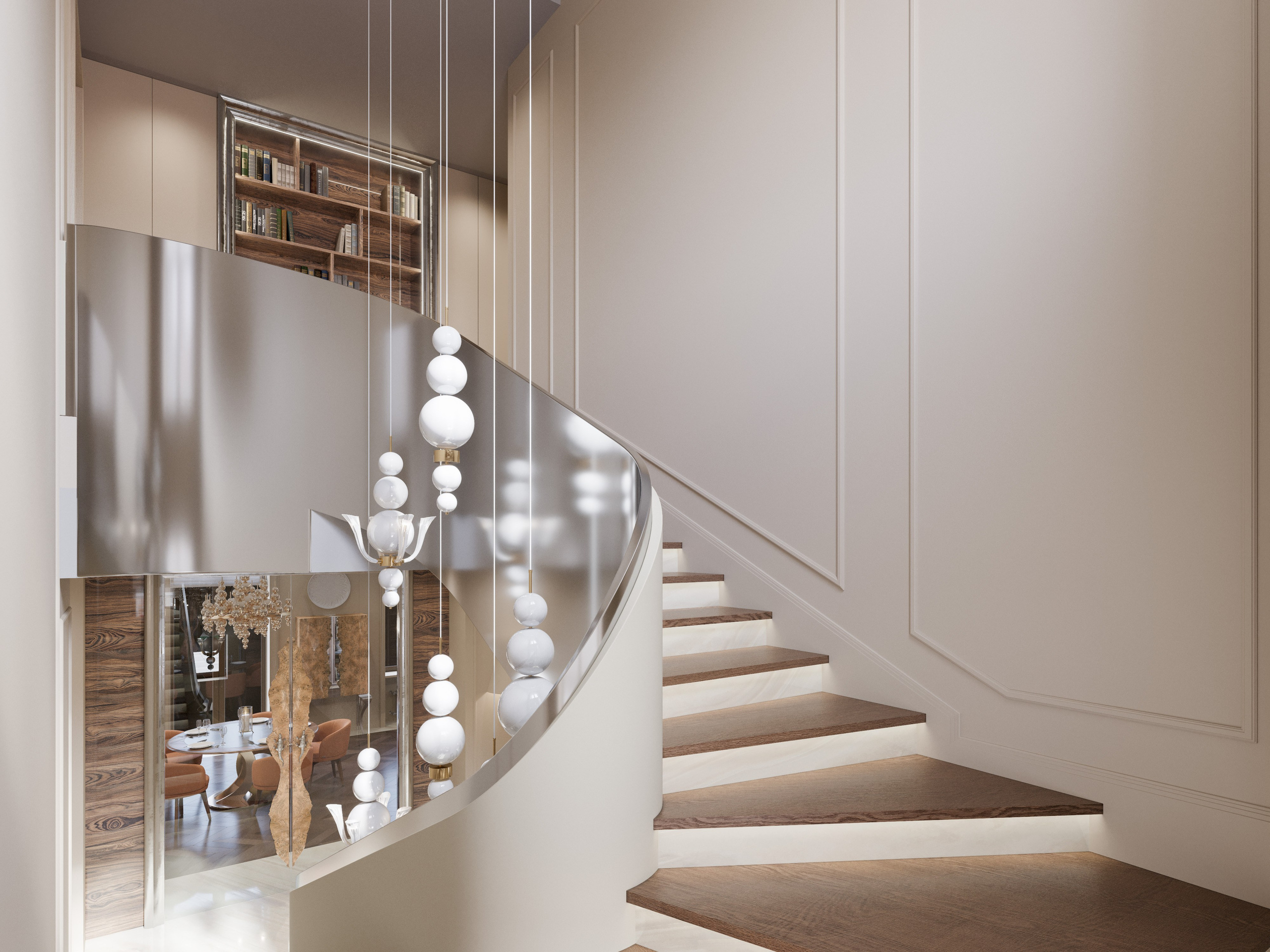 Деталировка лестницы: перила из нержавеющей стали и подвесная люстра сквозь 2 пролёта