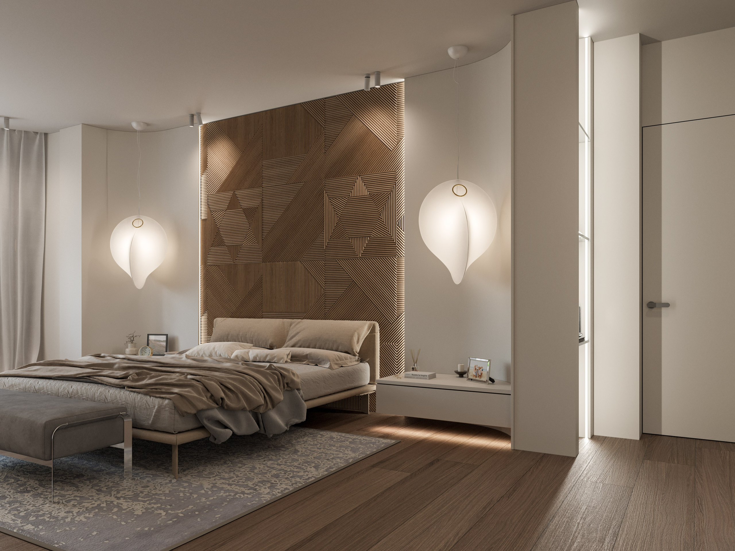 Спальня с плавным изголовьем кровати, повторяющим изгибы стены - 3D визуализация