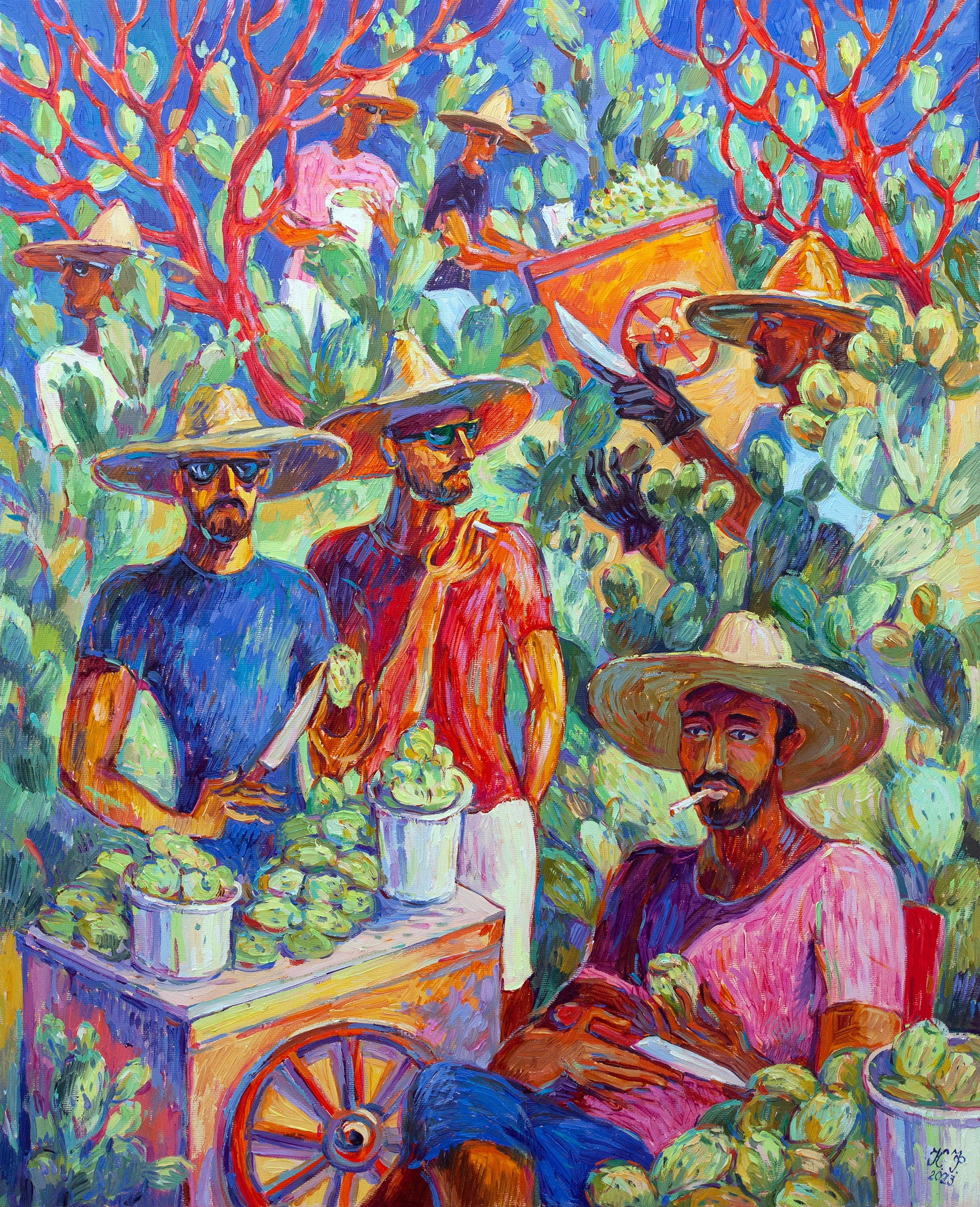 A painting of prickly pear sellers in green and blue tones